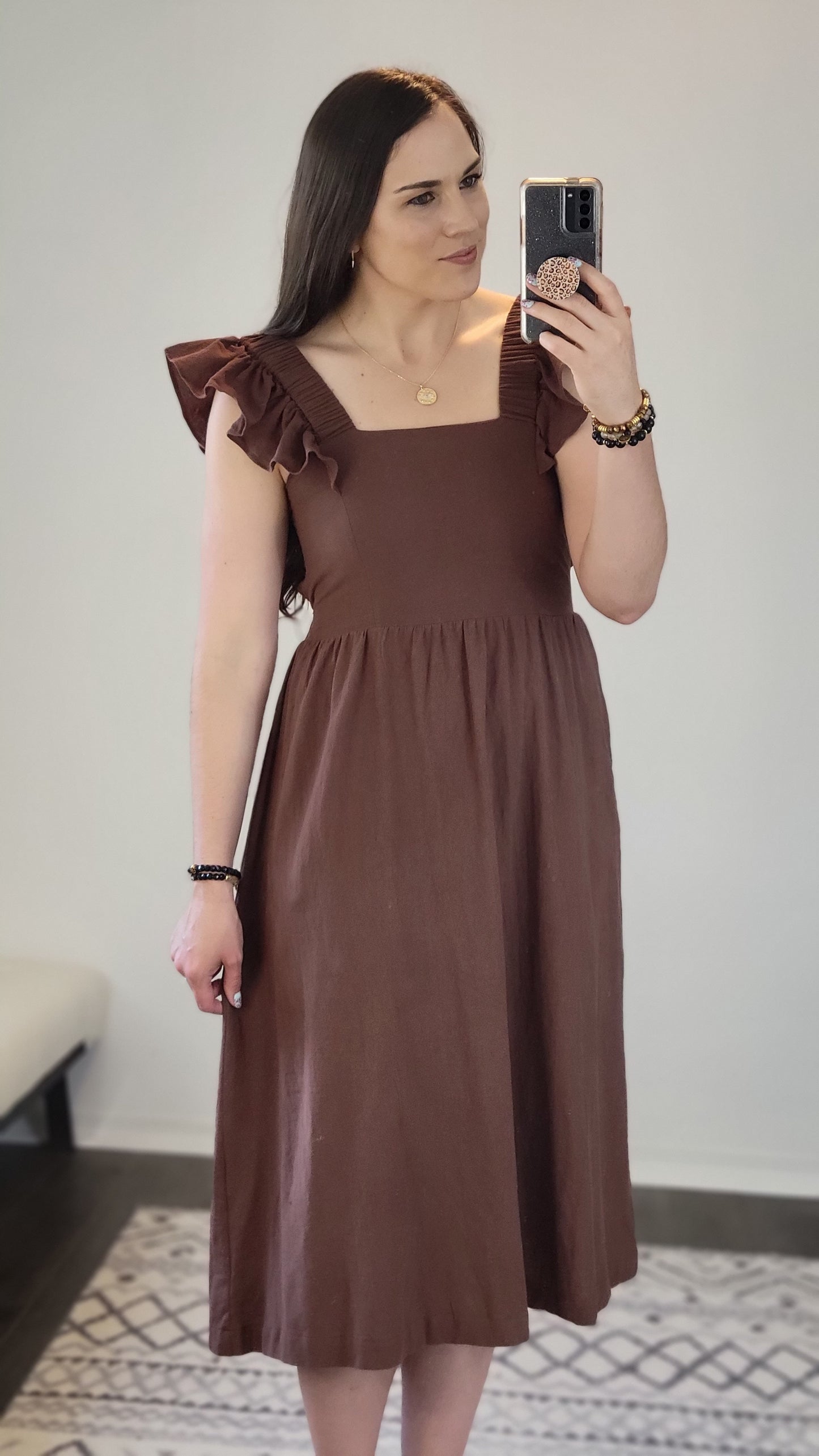 Mocha Linen Ruffle Open Tie Back Midi Dress “Mandy”