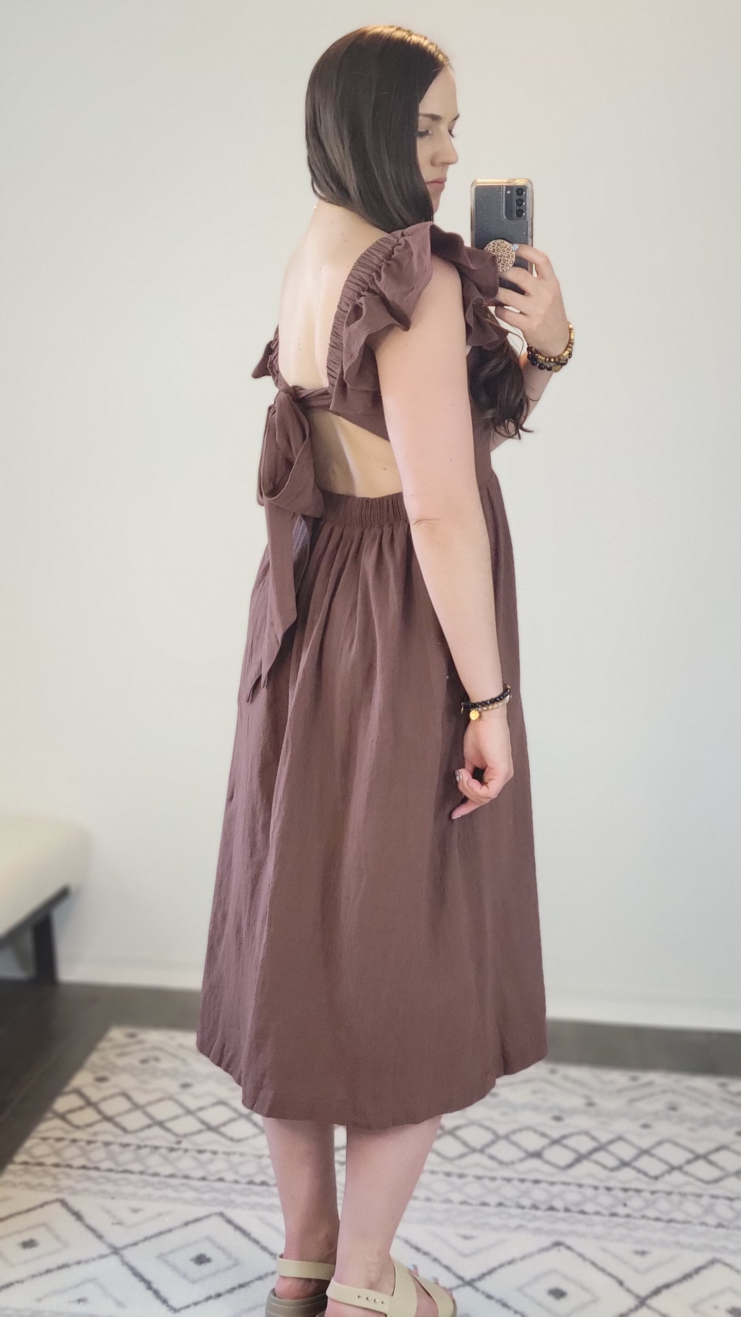 Mocha Linen Ruffle Open Tie Back Midi Dress “Mandy”