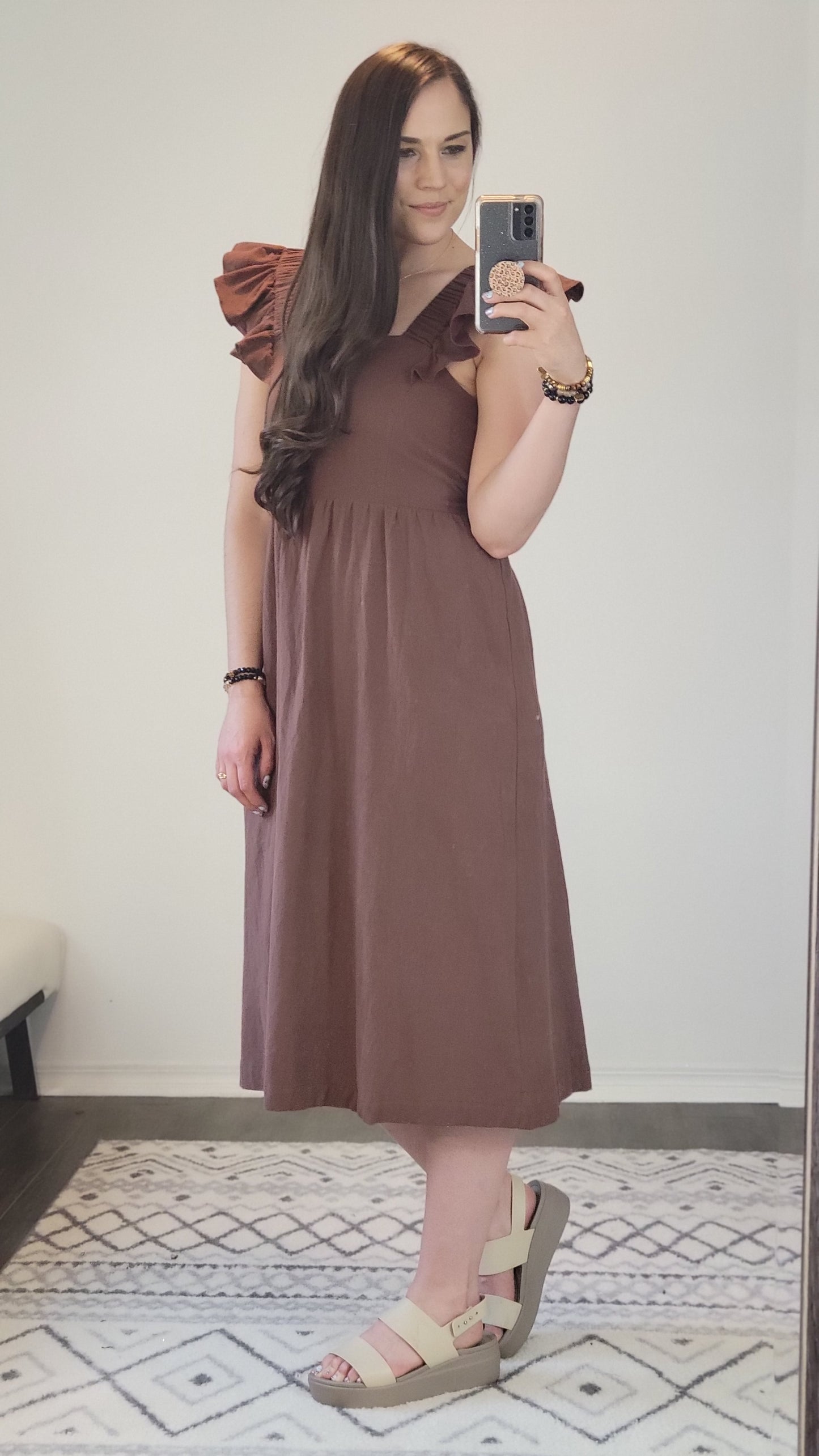 Mocha Linen Ruffle Open Tie Back Midi Dress “Mandy”