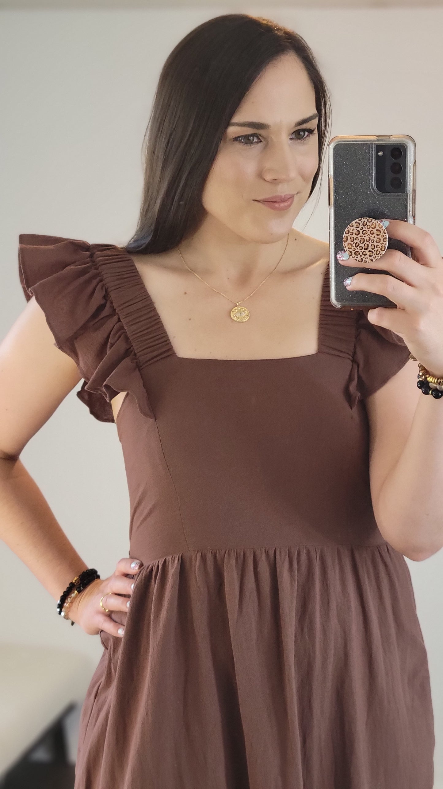 Mocha Linen Ruffle Open Tie Back Midi Dress “Mandy”