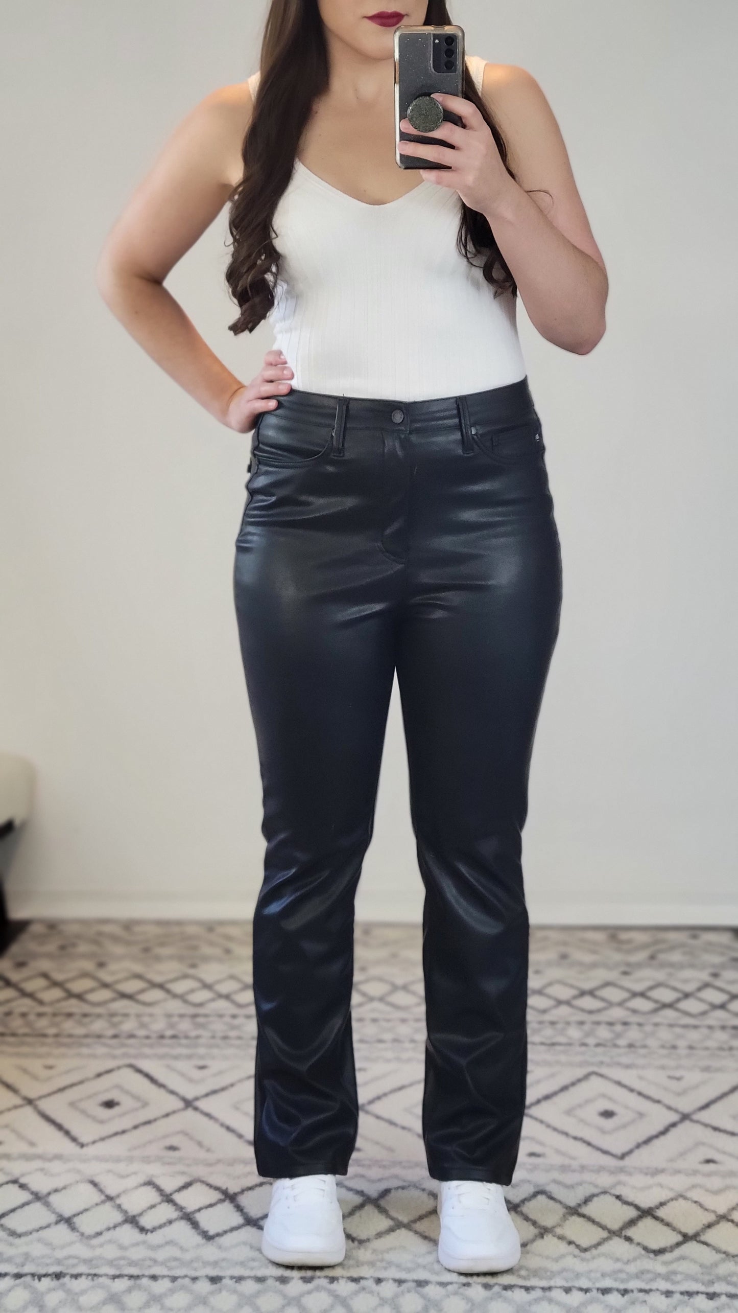 Judy Blue Black Faux Leather High Waist Tummy Control Straight Pants "Josie"