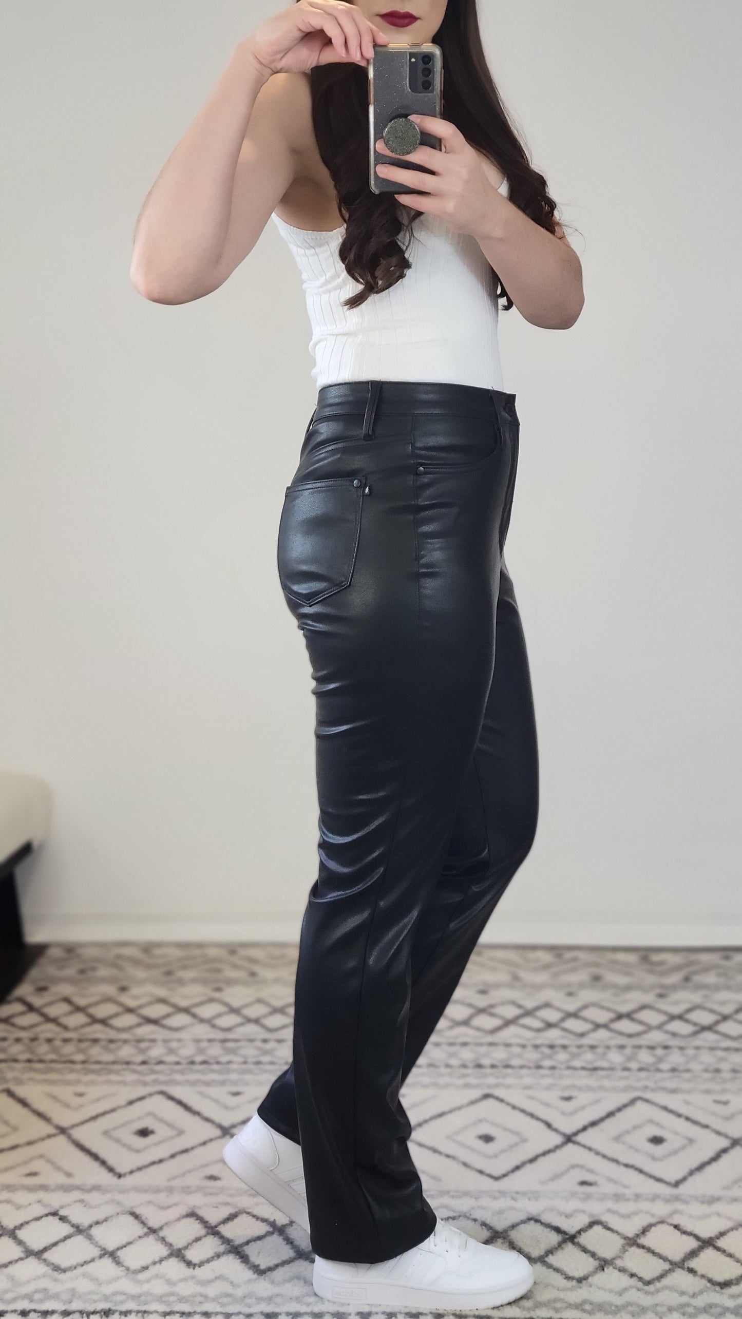 Judy Blue Black Faux Leather High Waist Tummy Control Straight Pants "Josie"