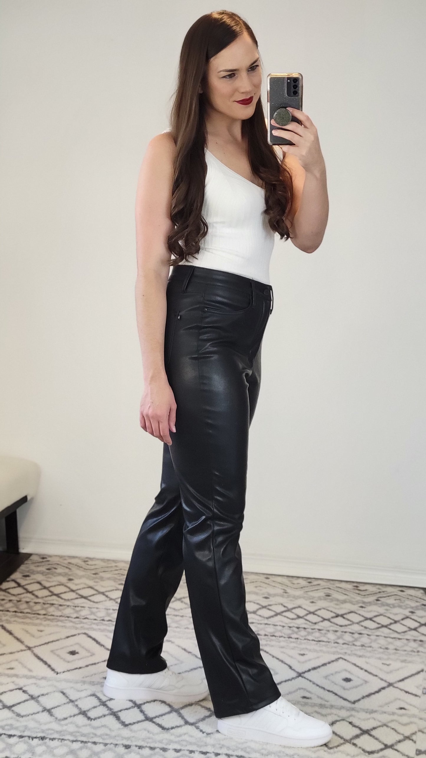 Judy Blue Black Faux Leather High Waist Tummy Control Straight Pants "Josie"