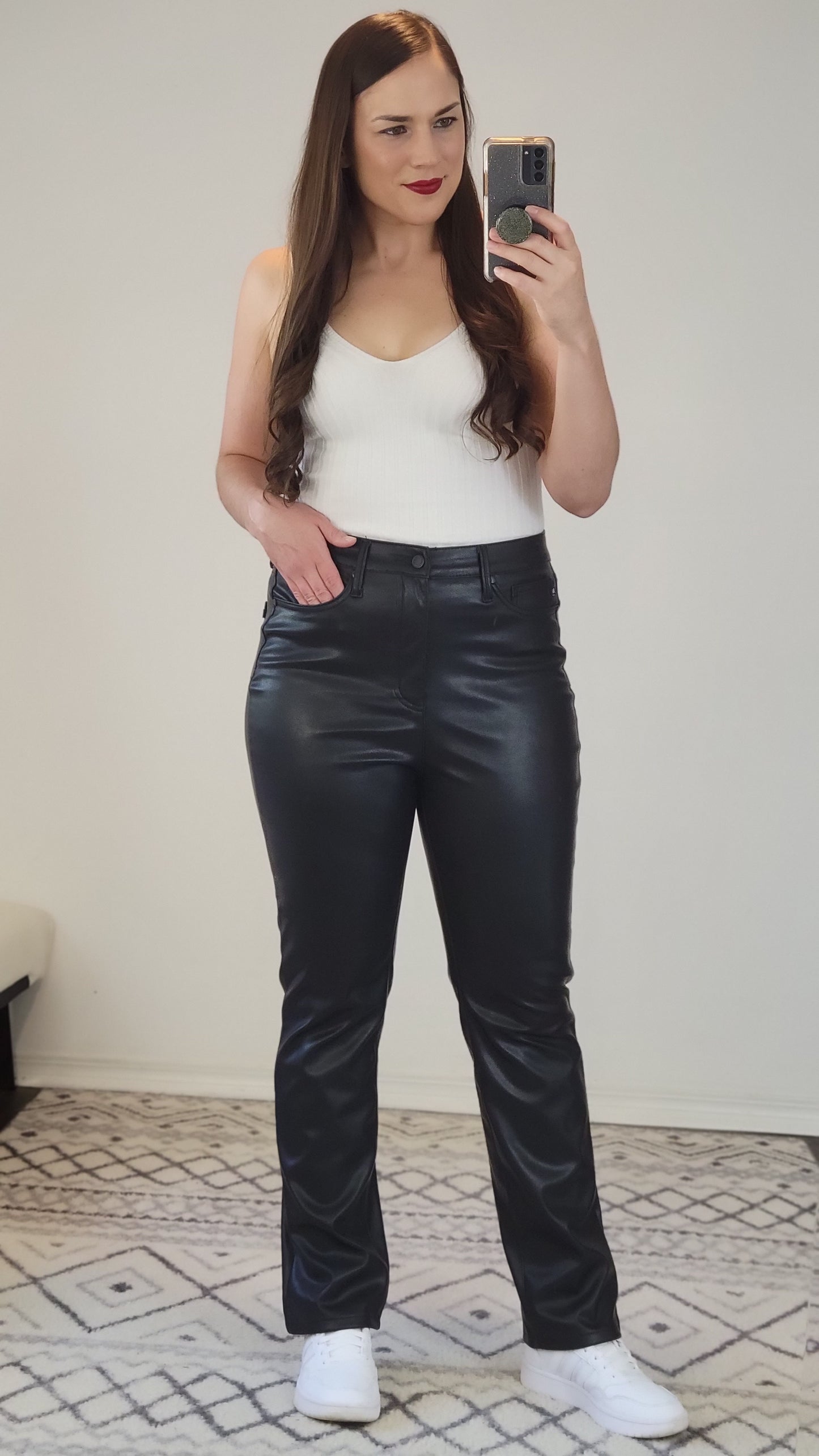 Judy Blue Black Faux Leather High Waist Tummy Control Straight Pants "Josie"