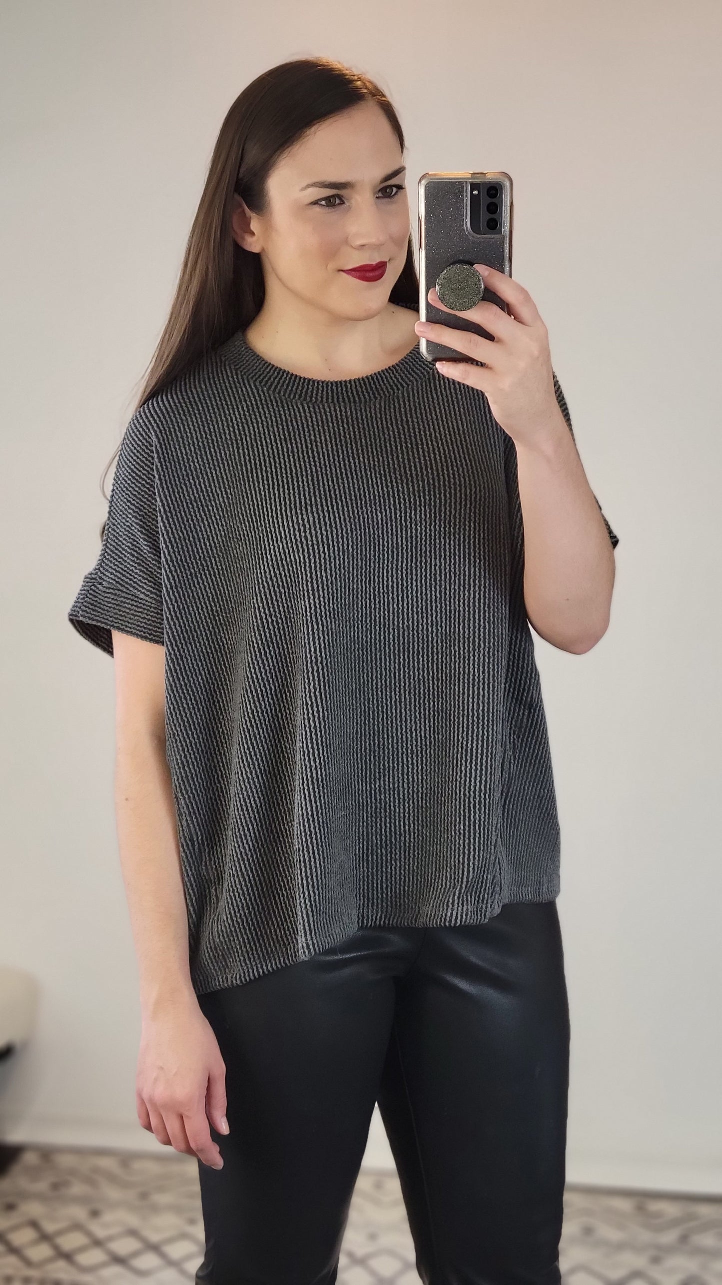 Charcoal Ribbed Textured Short Sleeve Top "Rebekah"