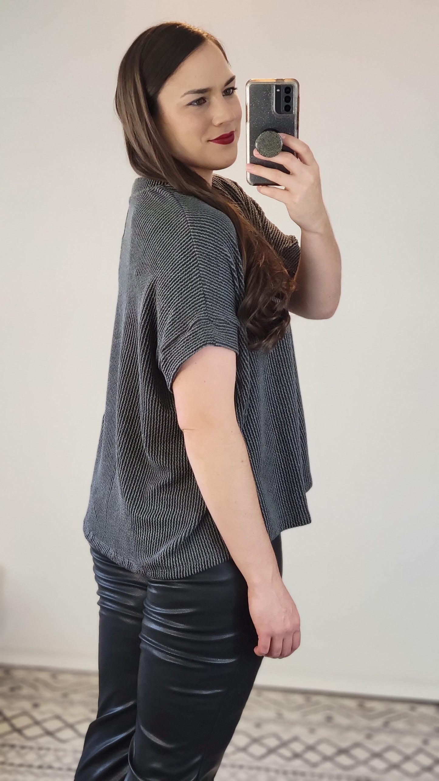 Charcoal Ribbed Textured Short Sleeve Top "Rebekah"