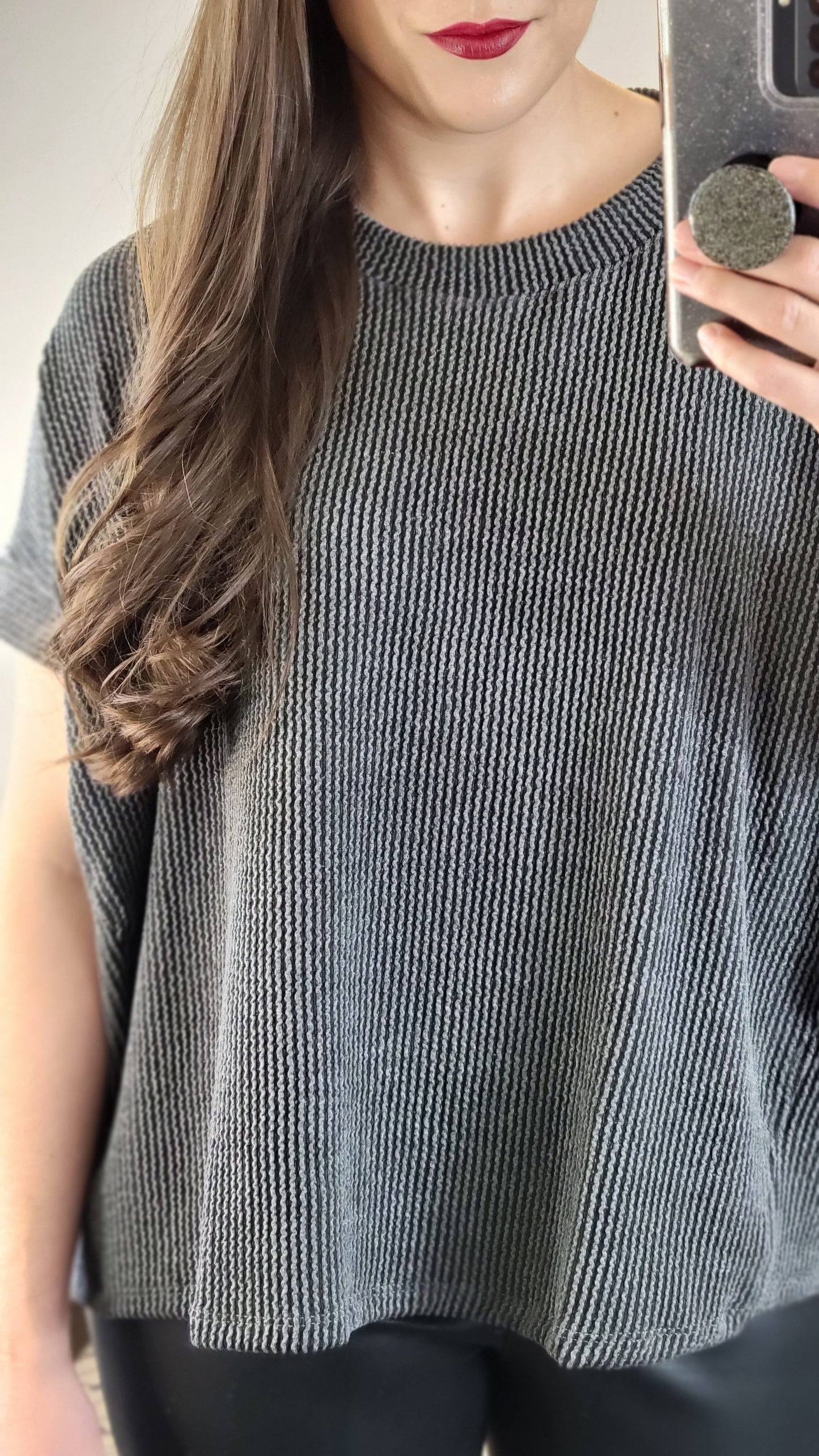 Charcoal Ribbed Textured Short Sleeve Top "Rebekah"