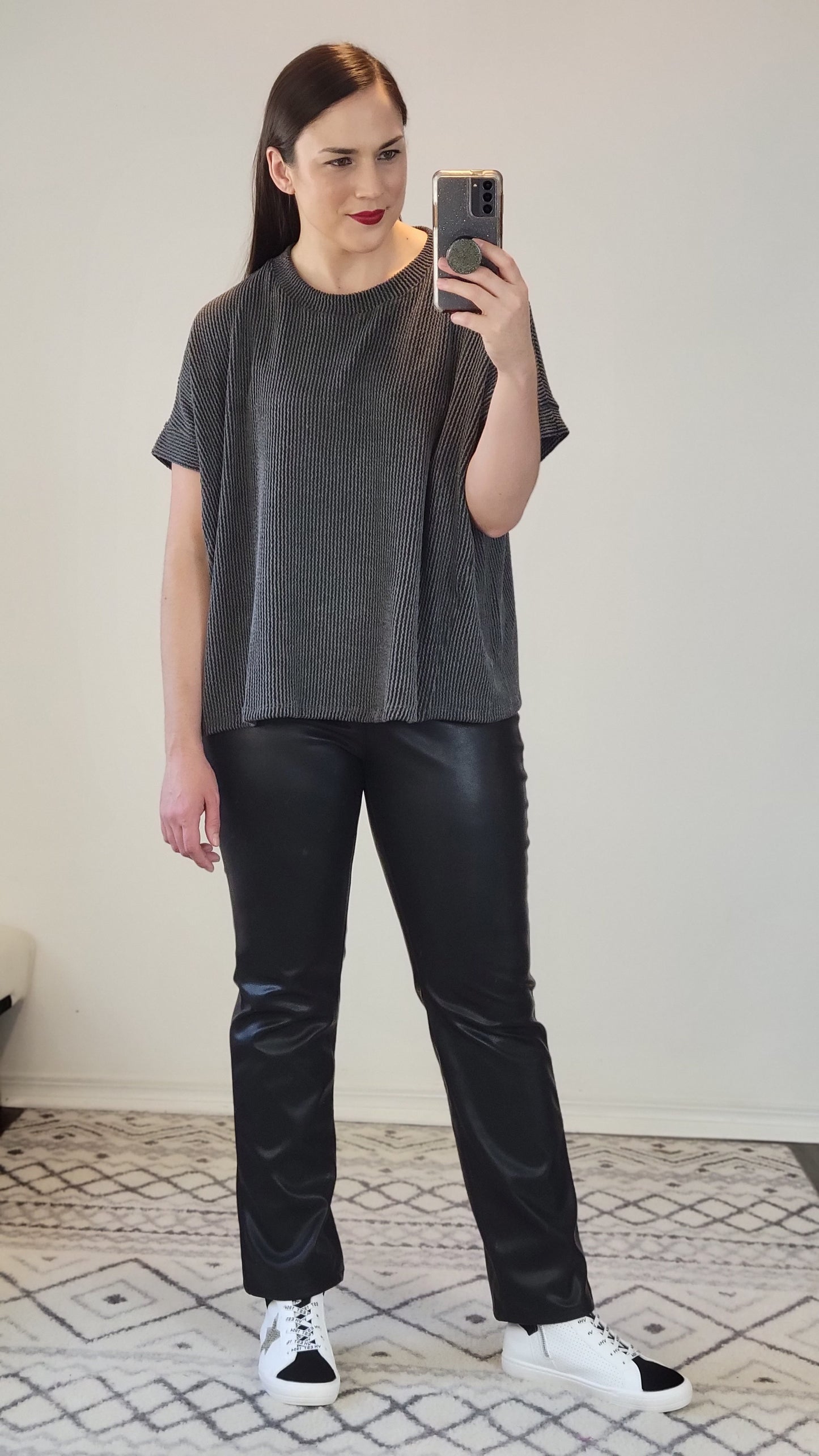 Charcoal Ribbed Textured Short Sleeve Top "Rebekah"