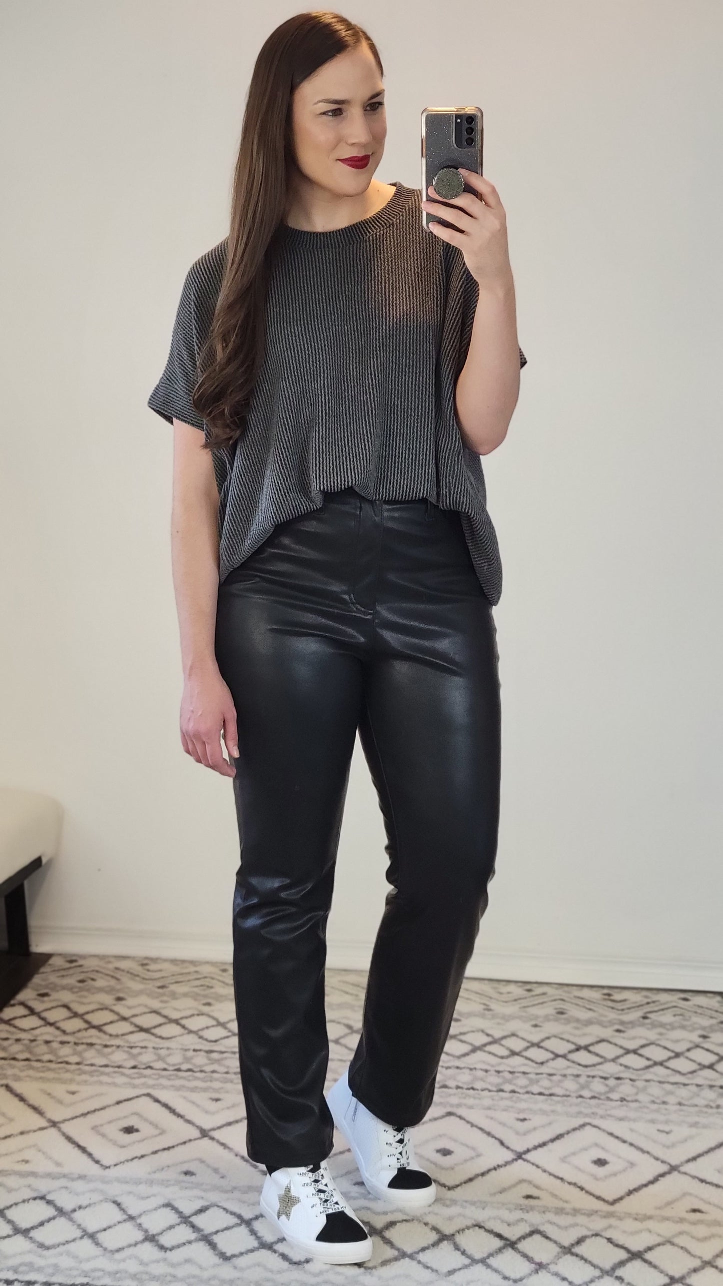 Charcoal Ribbed Textured Short Sleeve Top "Rebekah"