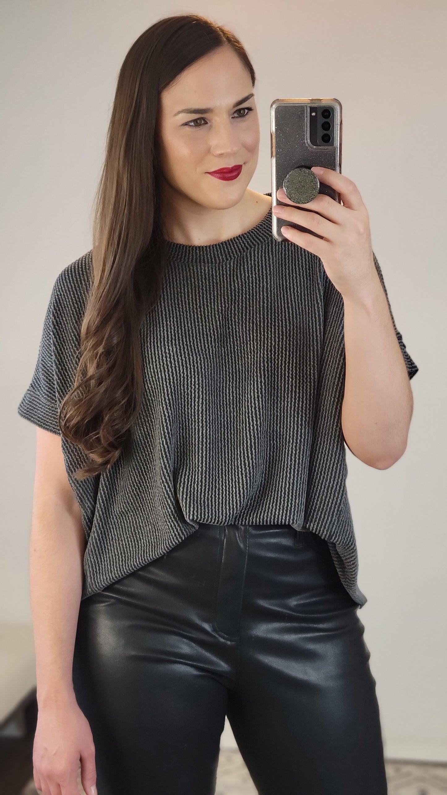 Charcoal Ribbed Textured Short Sleeve Top "Rebekah"