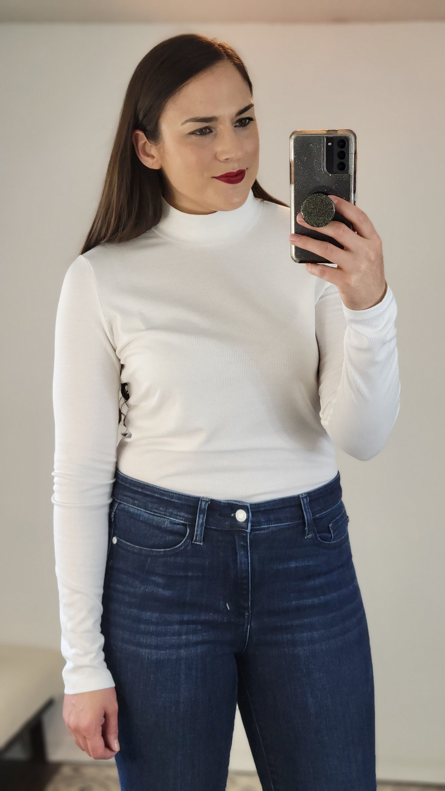 White Ribbed Basic Mock Neck Long Sleeve Top "Katherine"