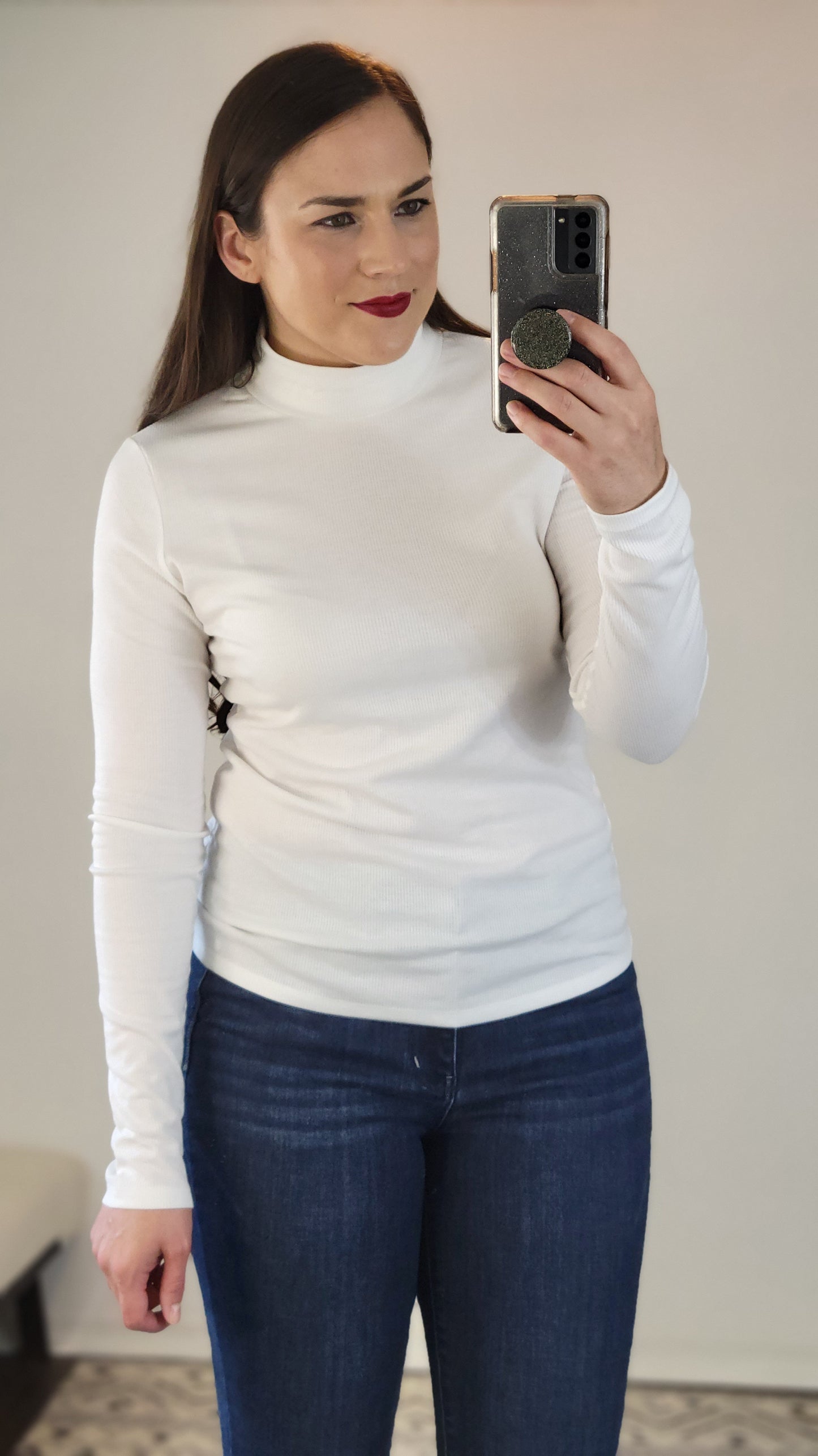 White Ribbed Basic Mock Neck Long Sleeve Top "Katherine"