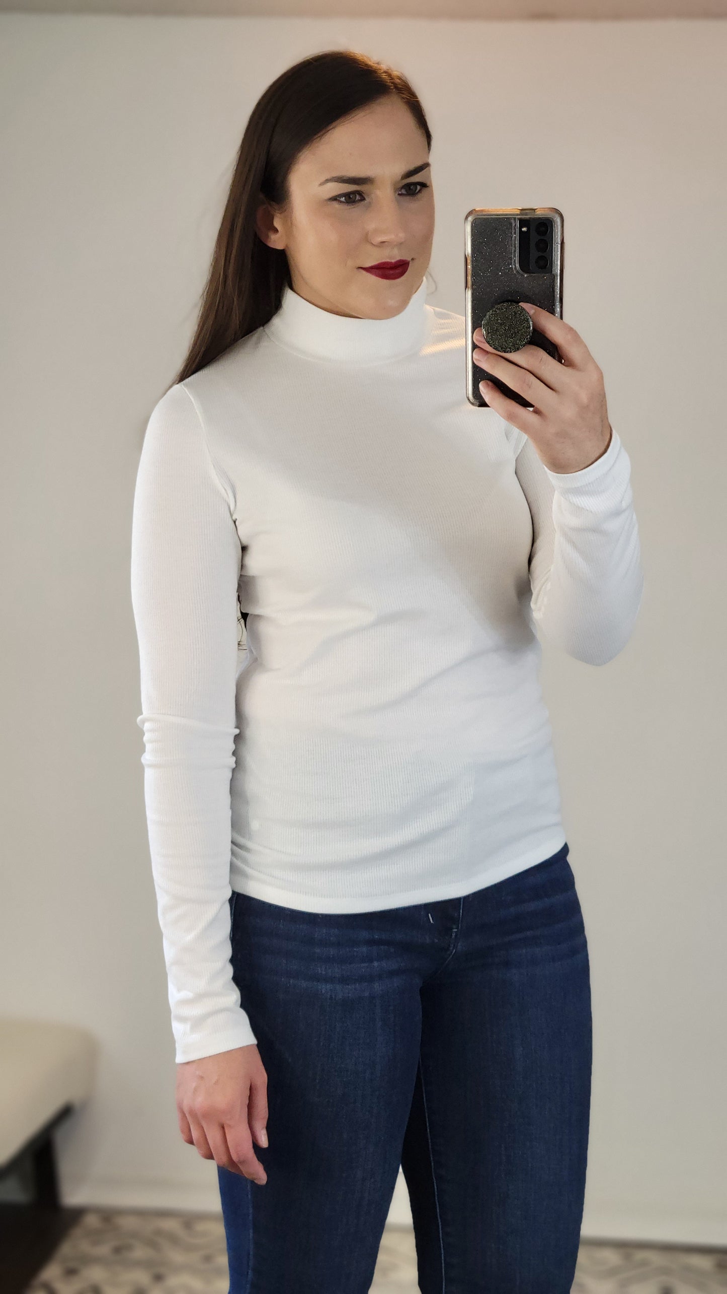 White Ribbed Basic Mock Neck Long Sleeve Top "Katherine"