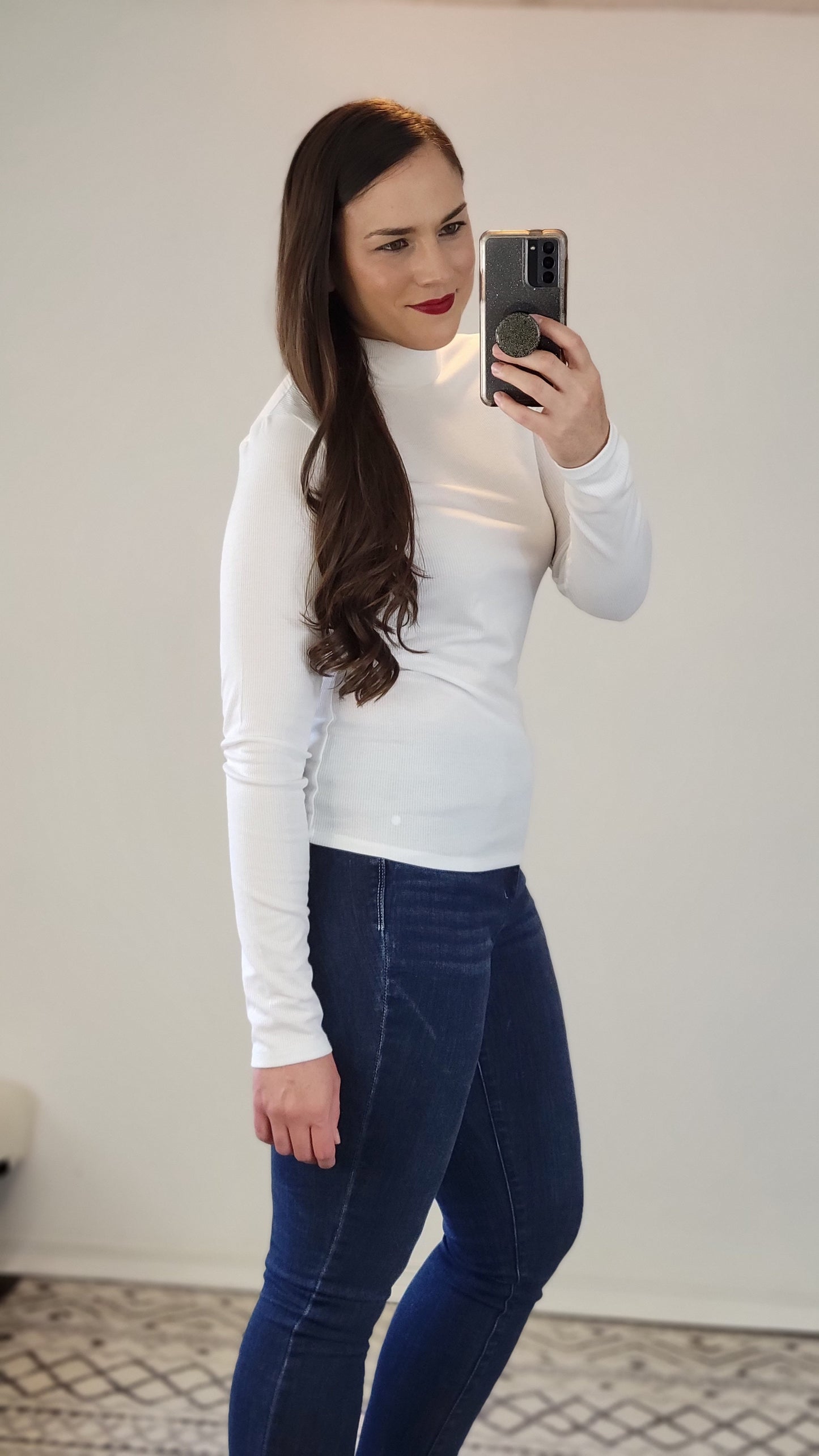 White Ribbed Basic Mock Neck Long Sleeve Top "Katherine"