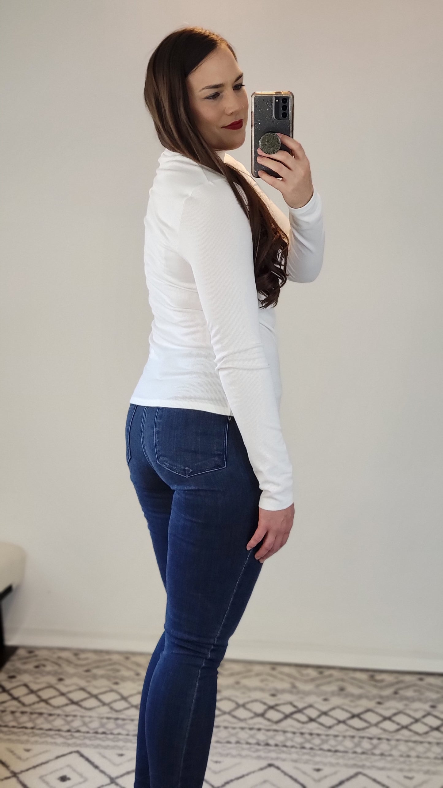 White Ribbed Basic Mock Neck Long Sleeve Top "Katherine"