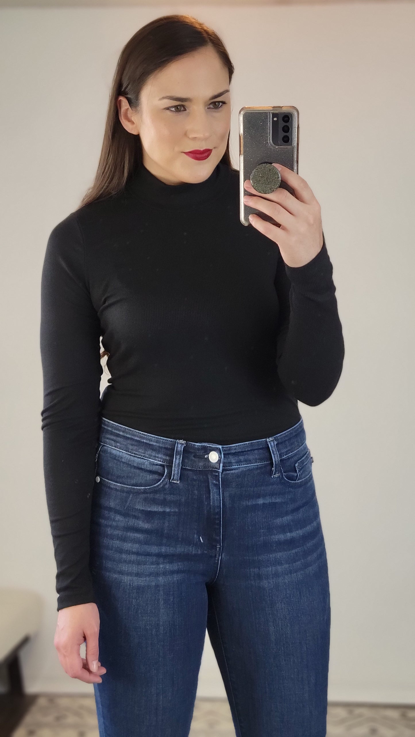 Black Ribbed Basic Mock Neck Long Sleeve Top "Elena"