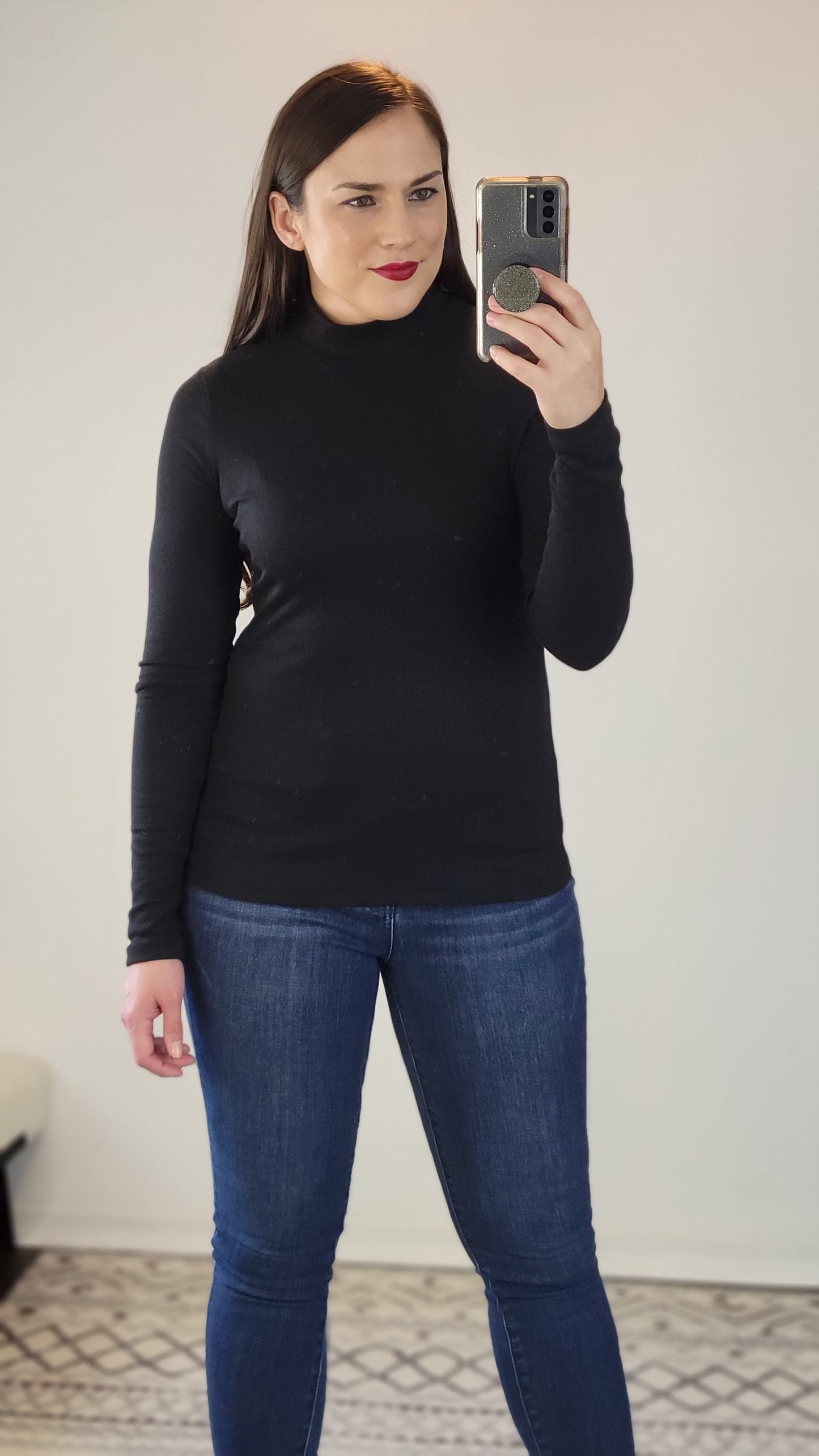 Black Ribbed Basic Mock Neck Long Sleeve Top "Elena"