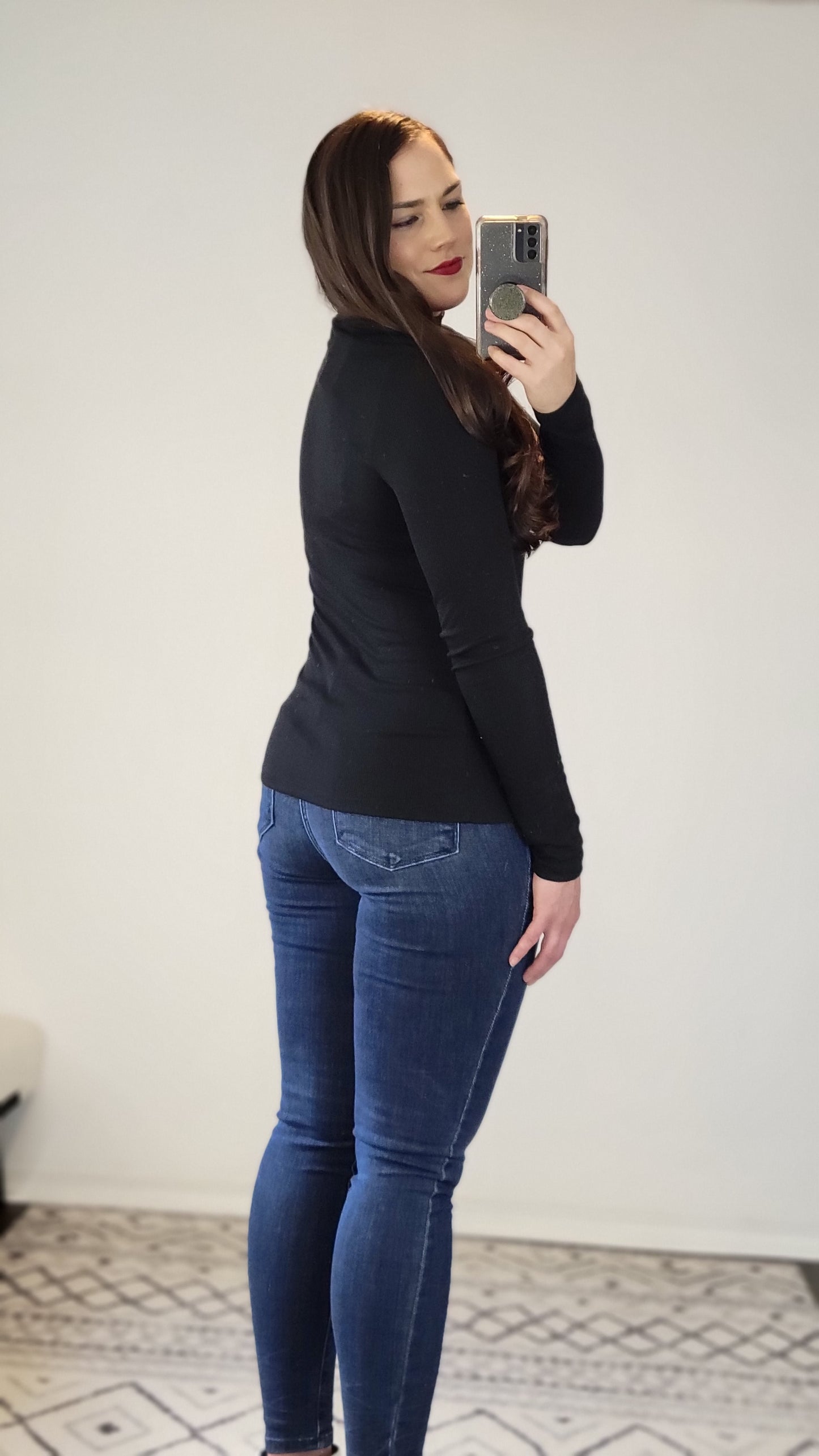Black Ribbed Basic Mock Neck Long Sleeve Top "Elena"