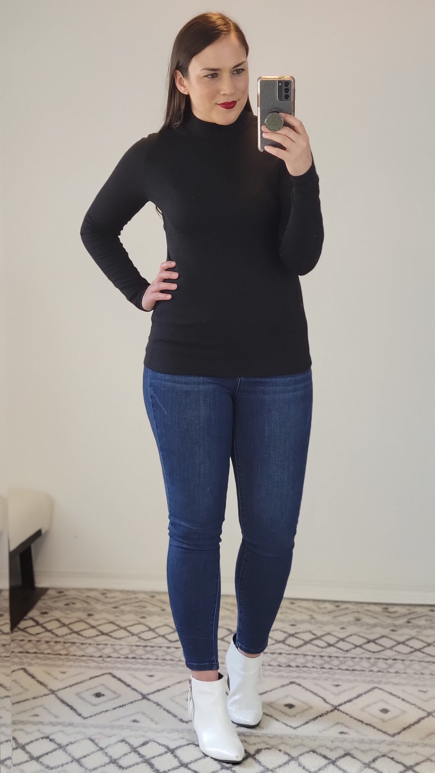 Black Ribbed Basic Mock Neck Long Sleeve Top "Elena"