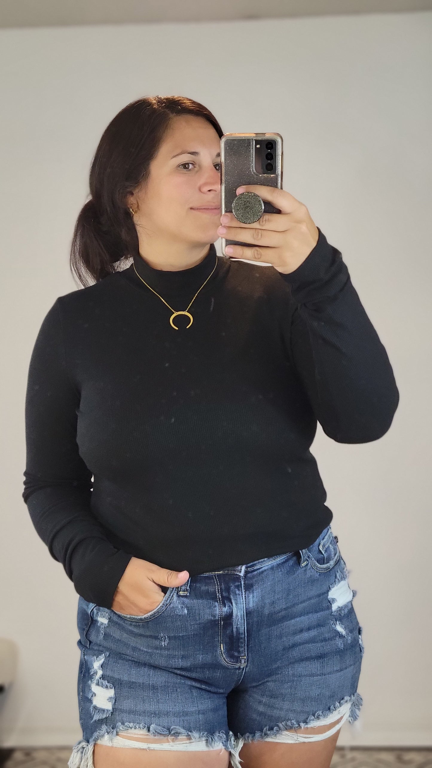 Black Ribbed Basic Mock Neck Long Sleeve Top "Elena"