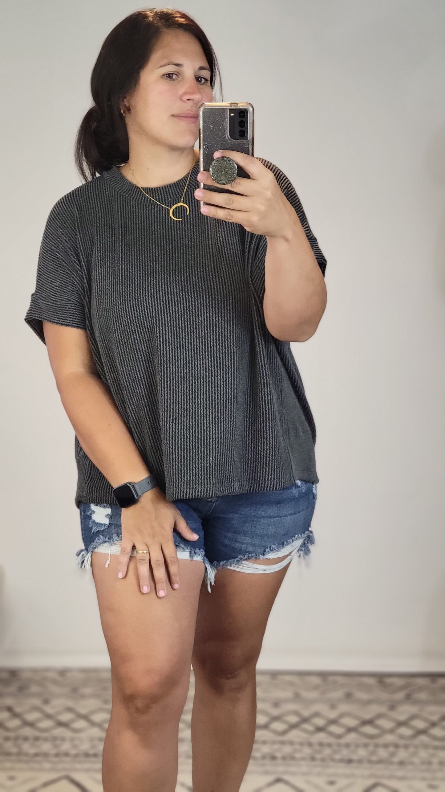 Charcoal Ribbed Textured Short Sleeve Top "Rebekah"