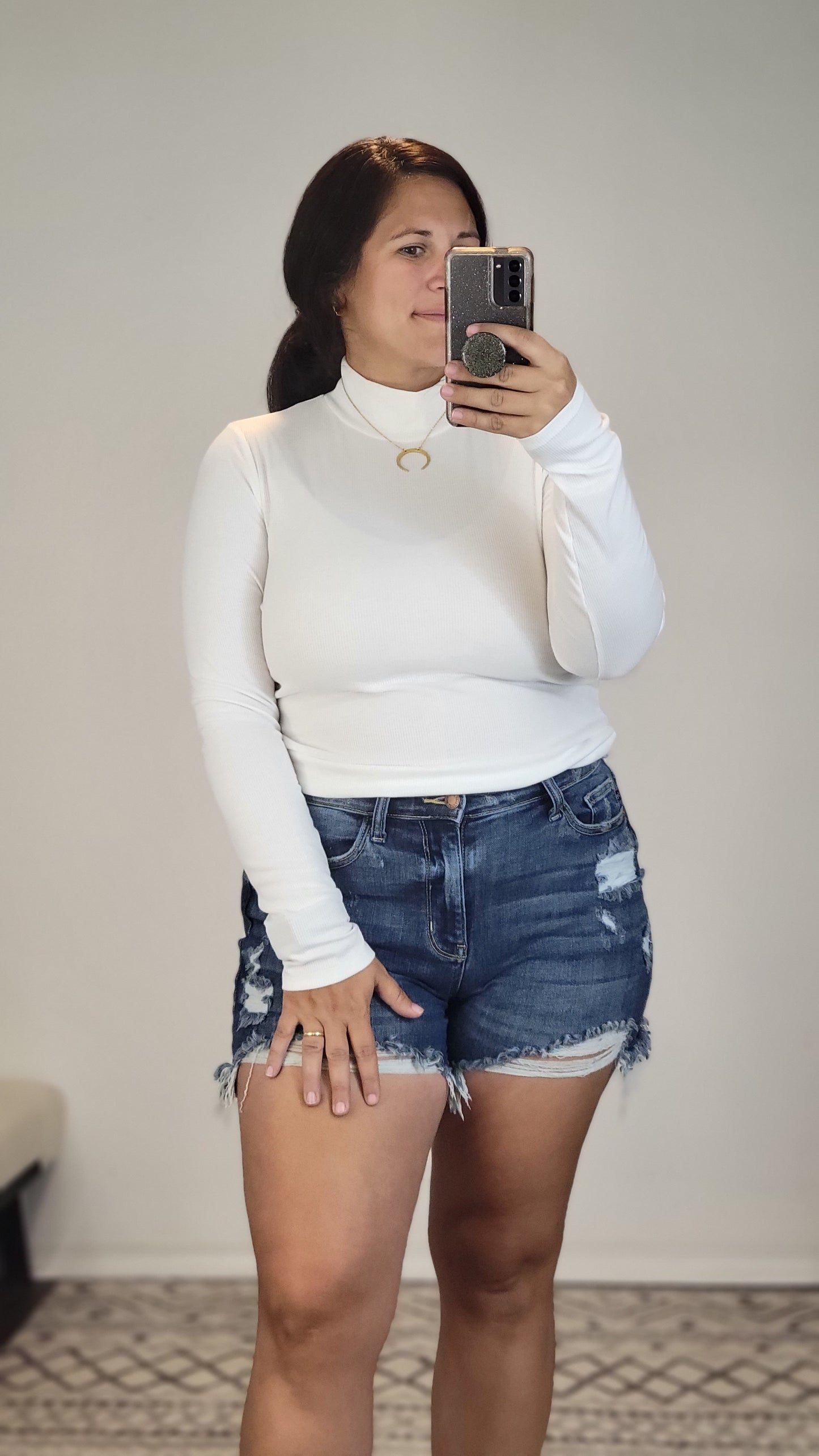 White Ribbed Basic Mock Neck Long Sleeve Top "Katherine"