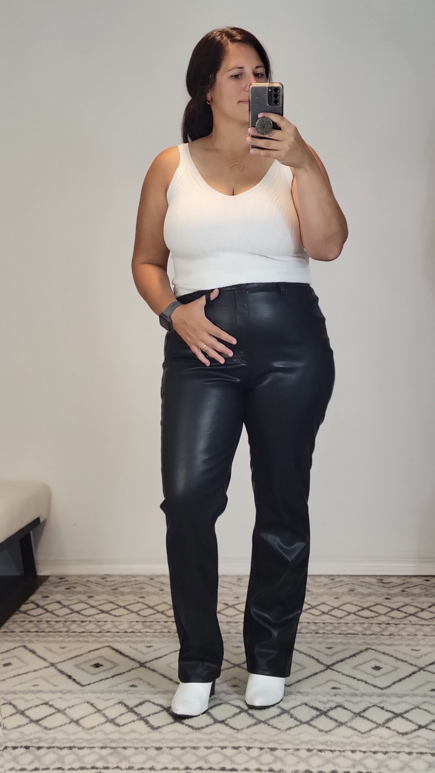 Judy Blue Black Faux Leather High Waist Tummy Control Straight Pants "Josie"