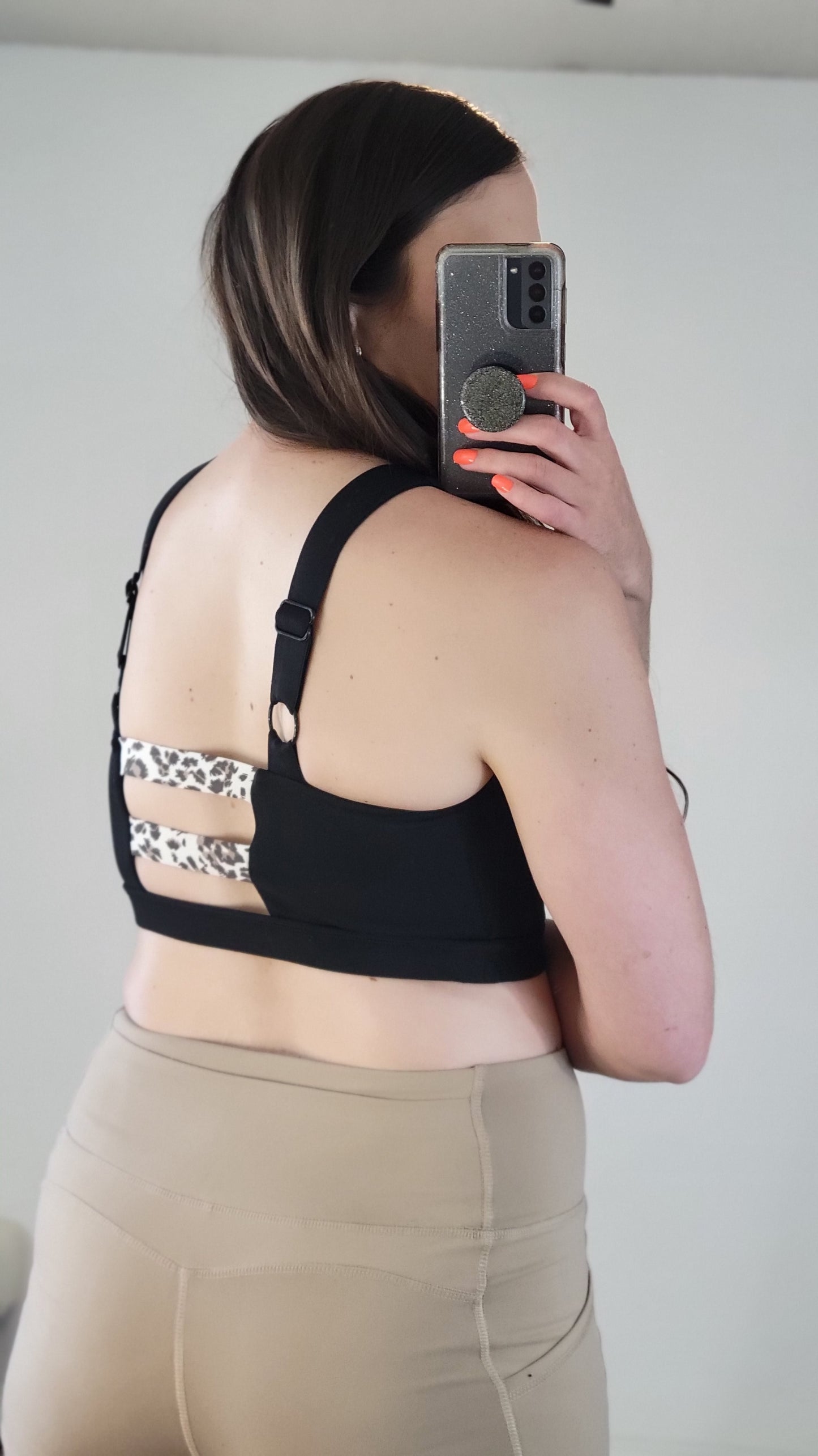 Black Sports Bra with Snow Jaguar Panel Detailing "Izzie" (S)