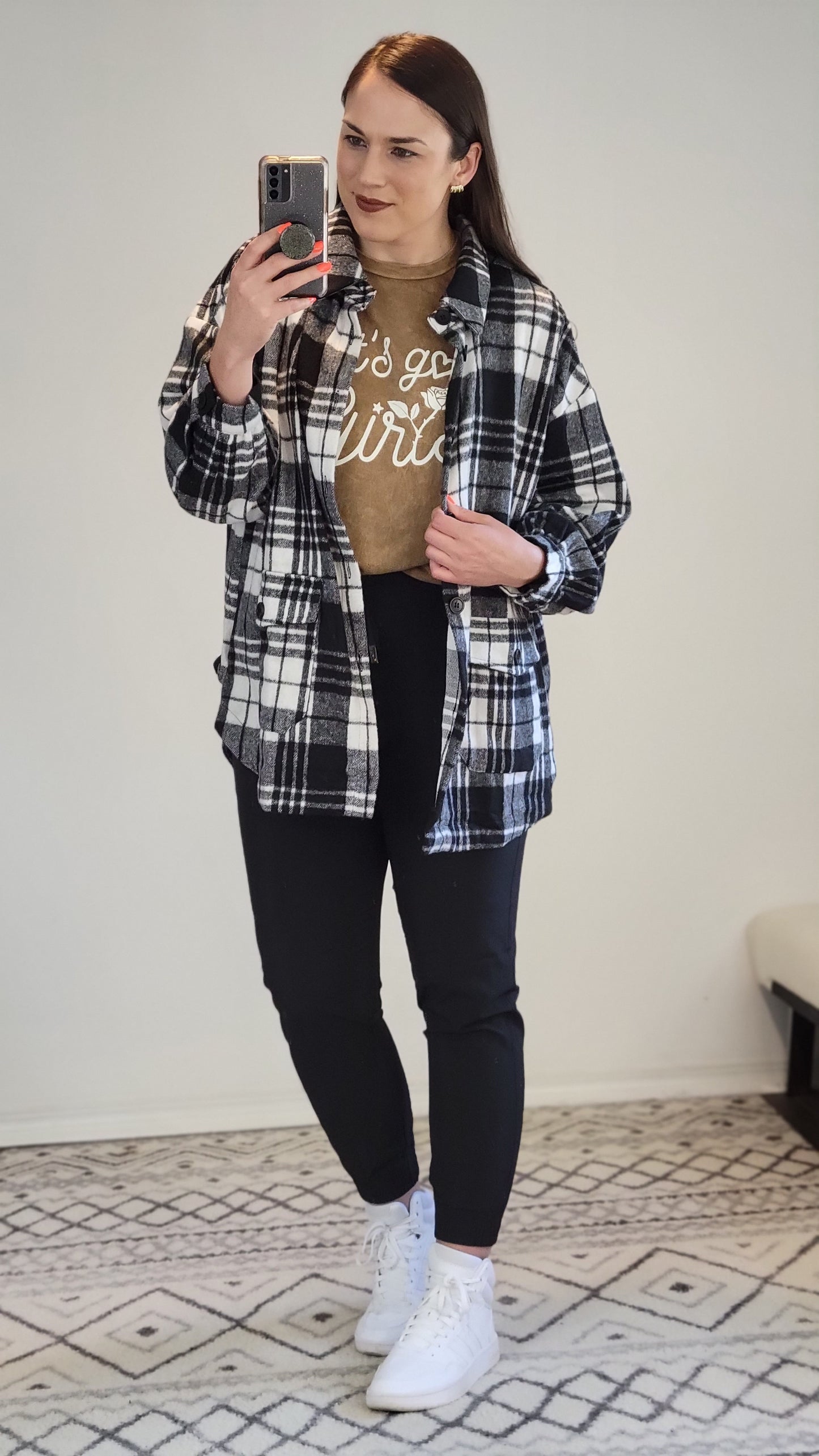 Black/White Plaid Oversize Button Down Shacket "Teddy"