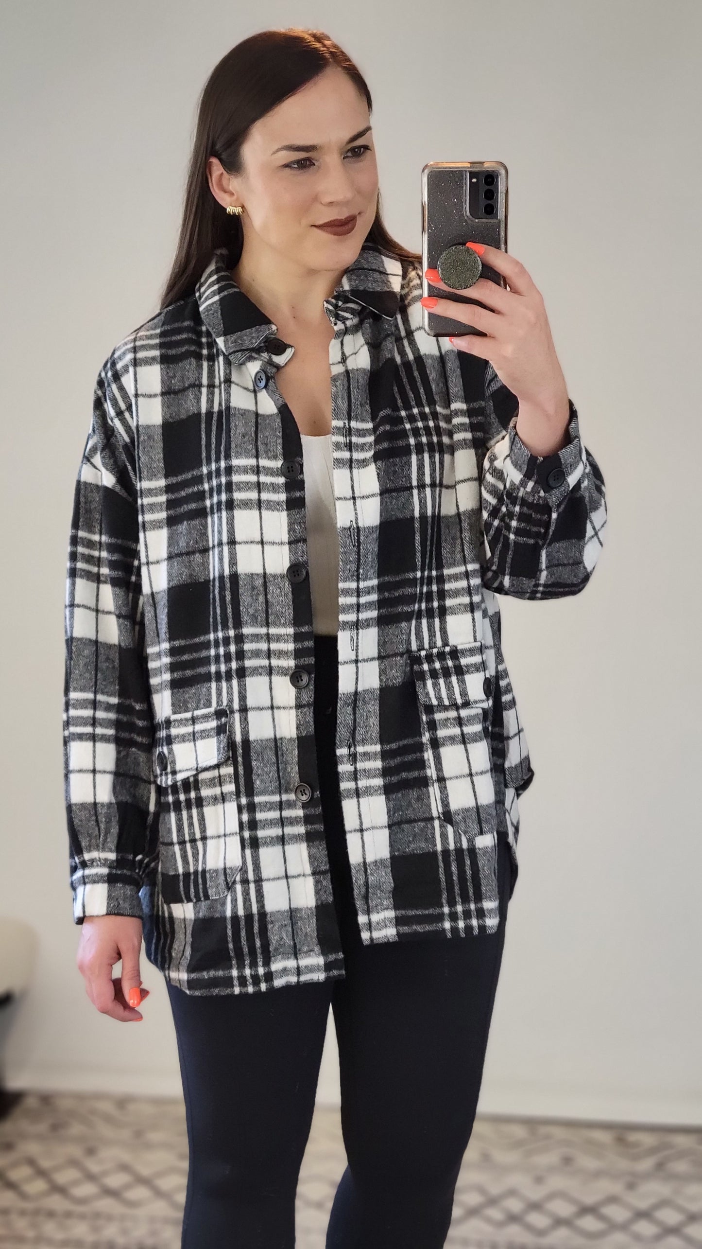 Black/White Plaid Oversize Button Down Shacket "Teddy"