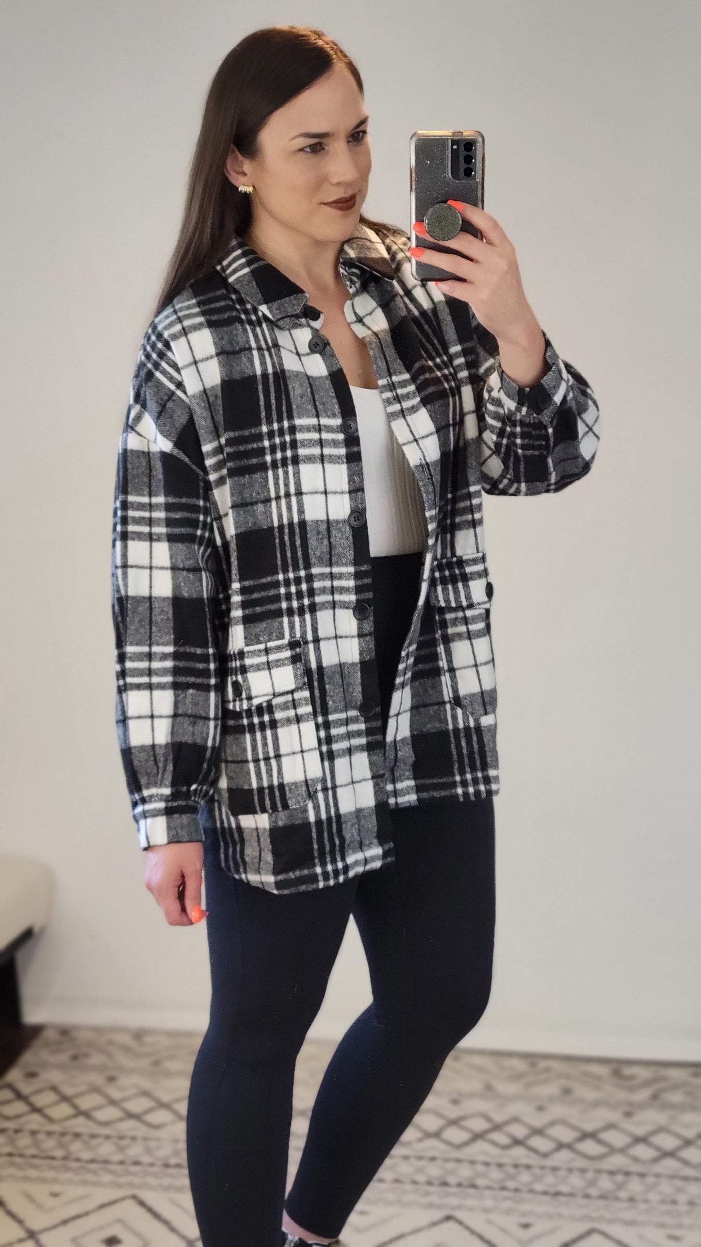 Black/White Plaid Oversize Button Down Shacket "Teddy"
