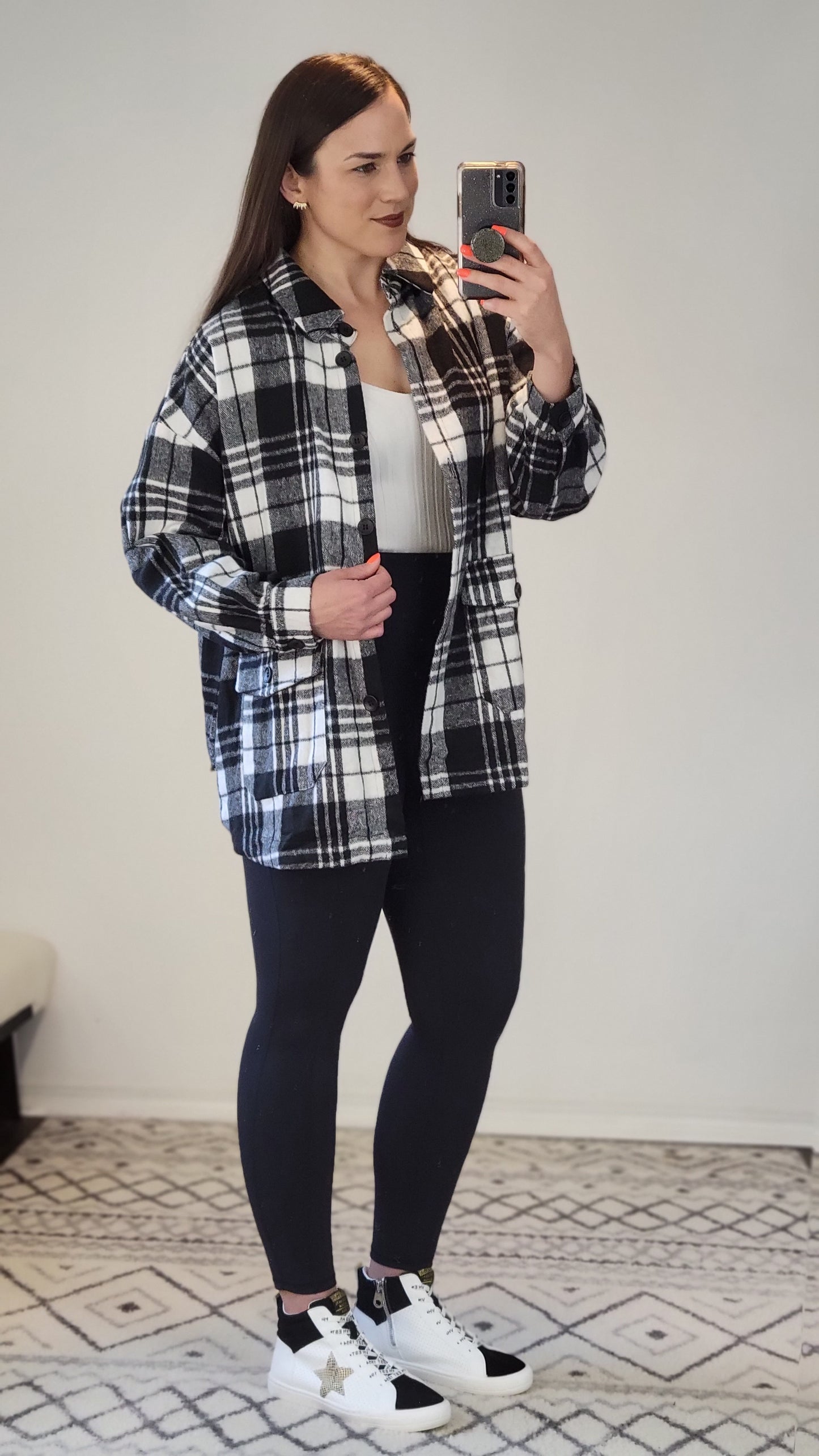 Black/White Plaid Oversize Button Down Shacket "Teddy"