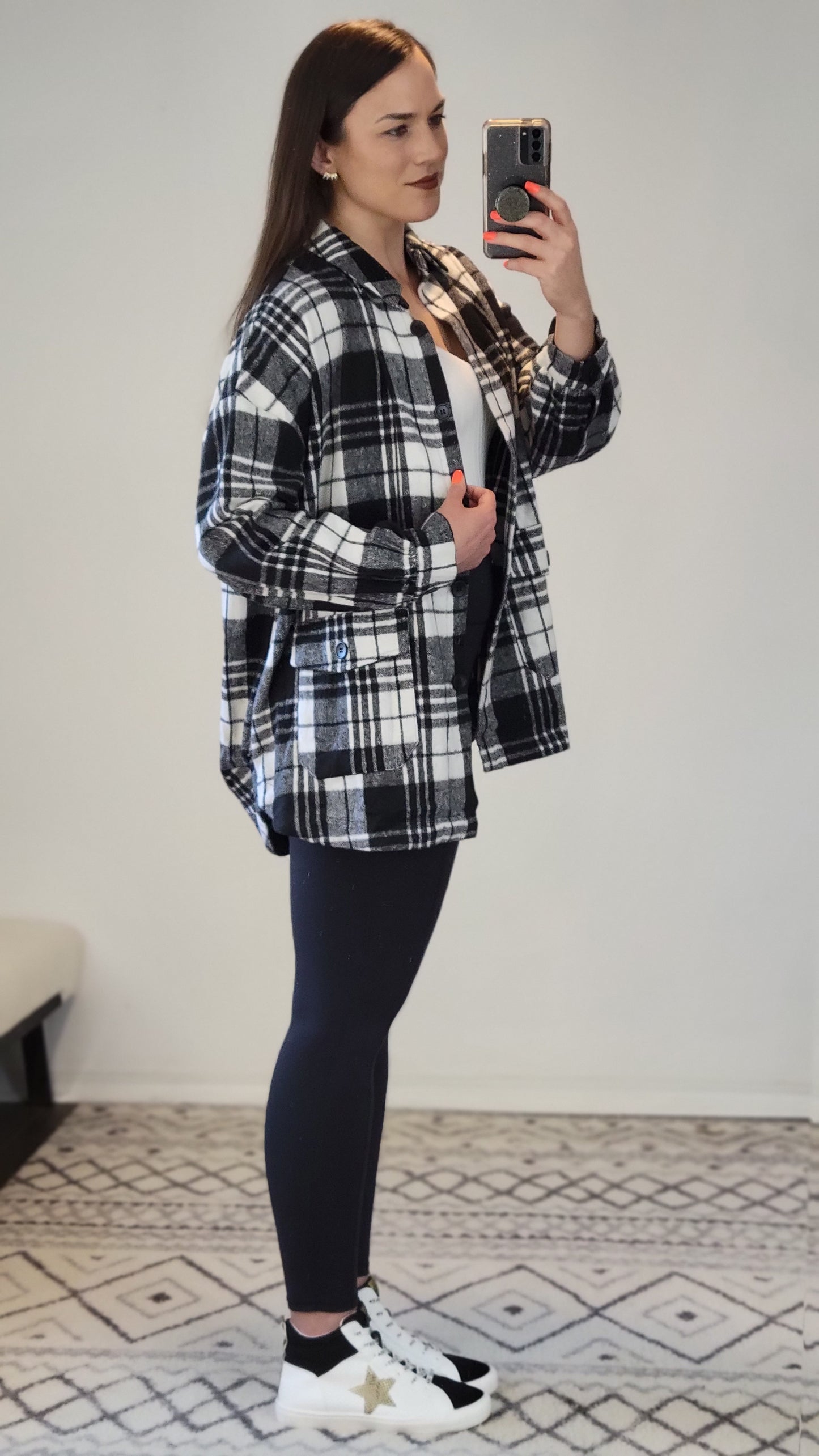 Black/White Plaid Oversize Button Down Shacket "Teddy"