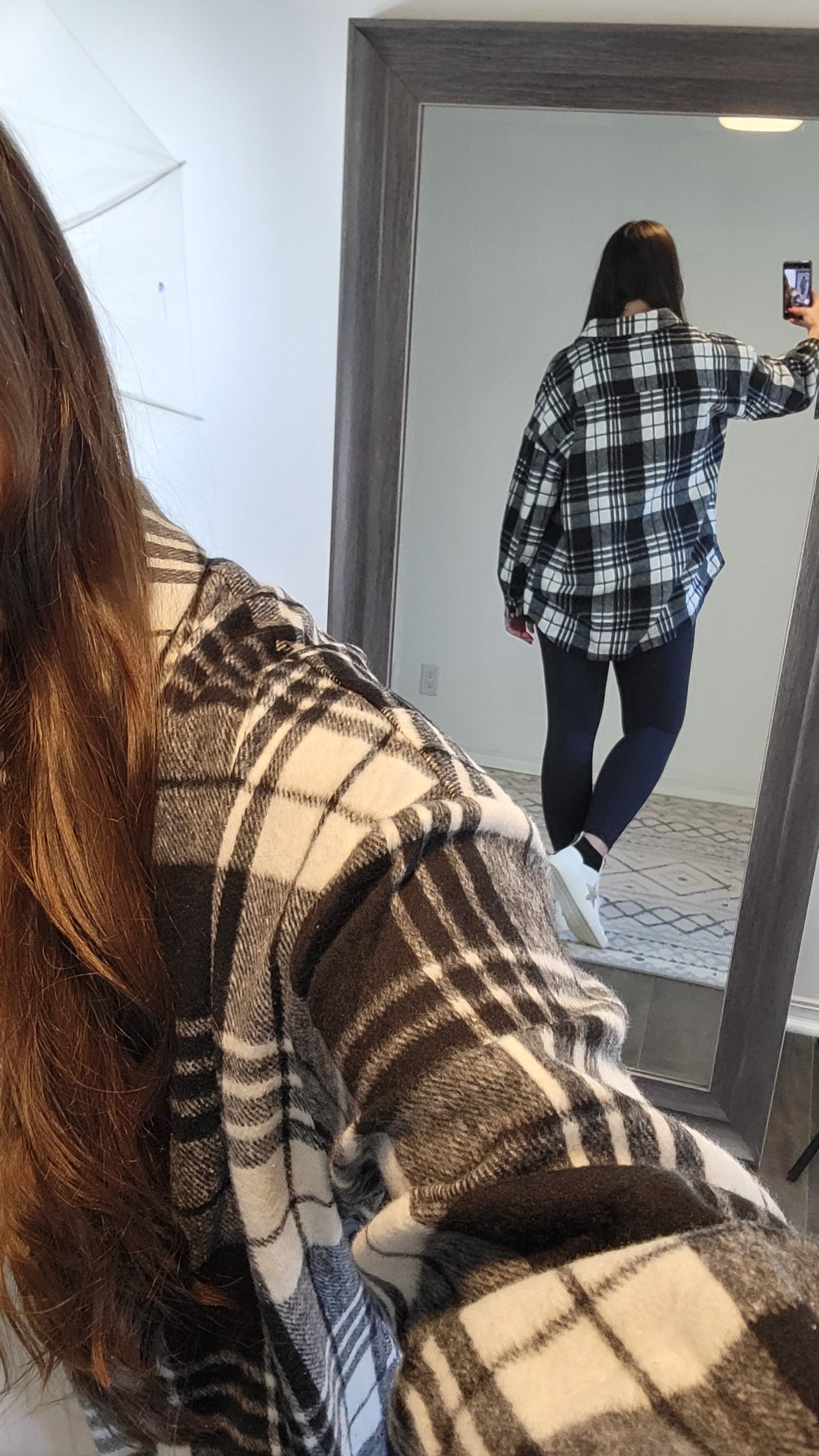 Black/White Plaid Oversize Button Down Shacket "Teddy"