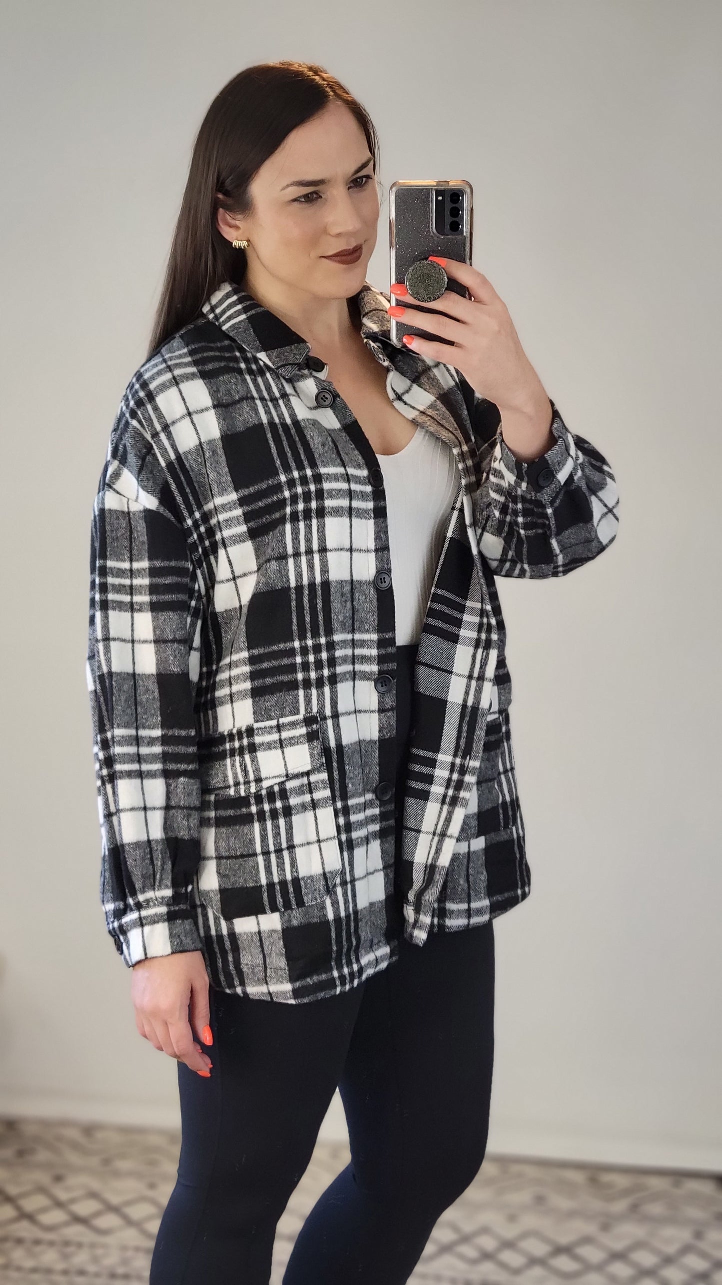 Black/White Plaid Oversize Button Down Shacket "Teddy"