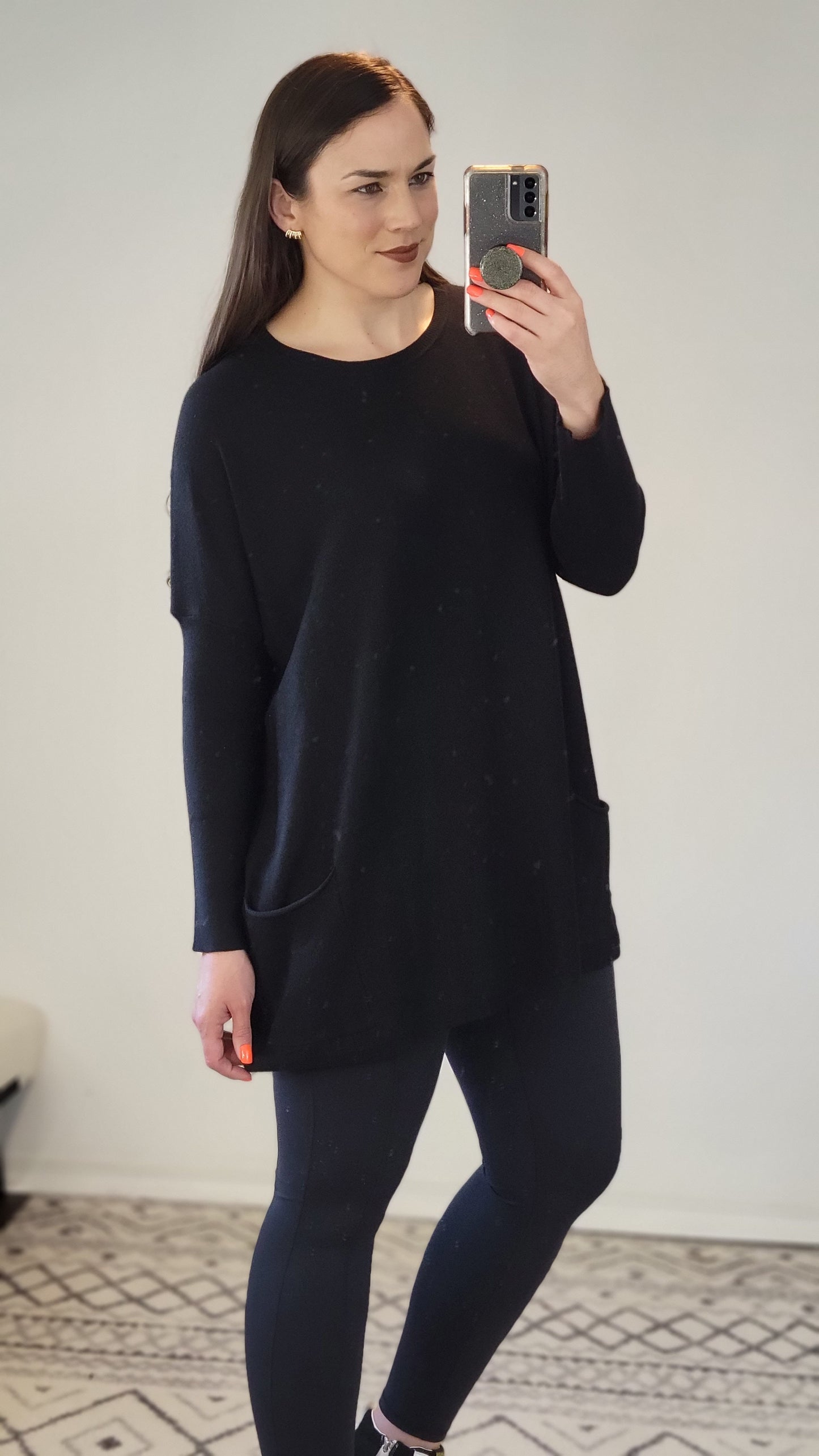 Black Oversize Knit Sweater with Pockets