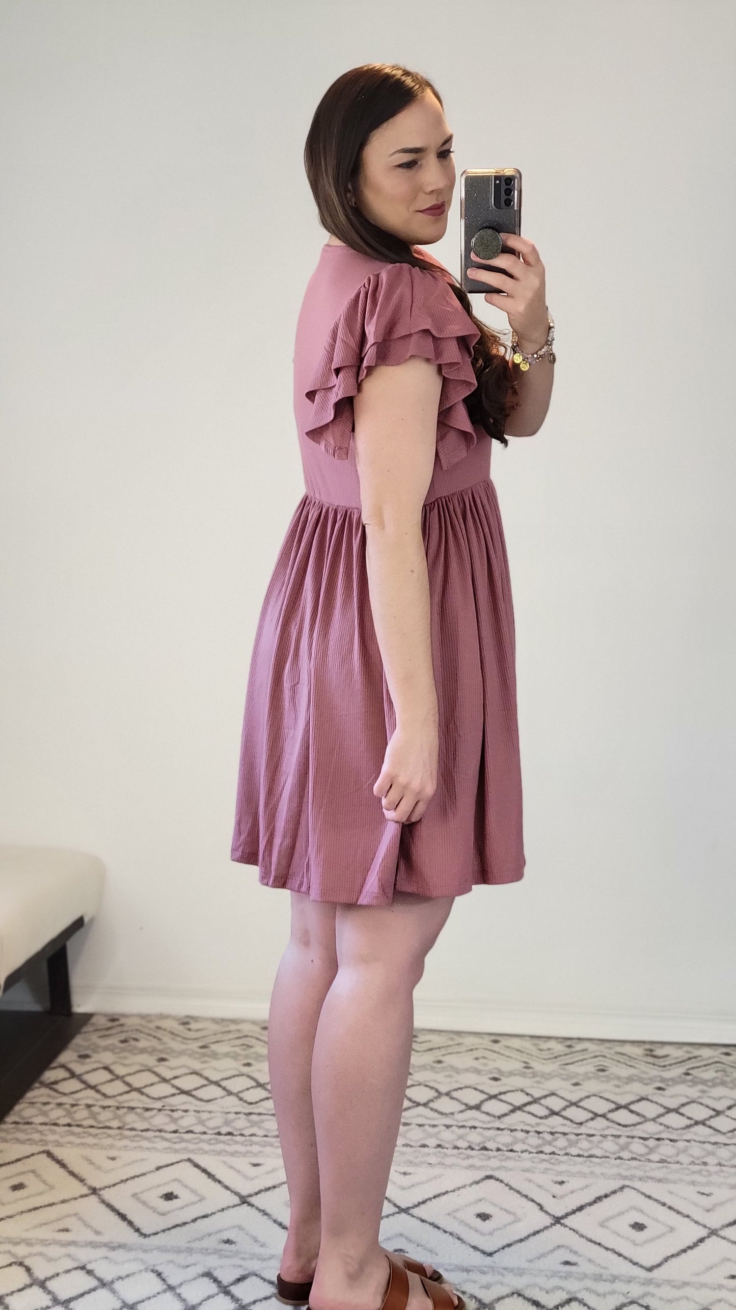 Dusty Mauve Ribbed Mini Dress with Pockets "India"