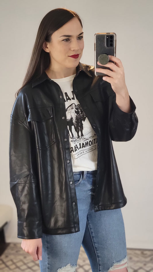 Black Faux Leather Button Up Shacket "Scarlett"