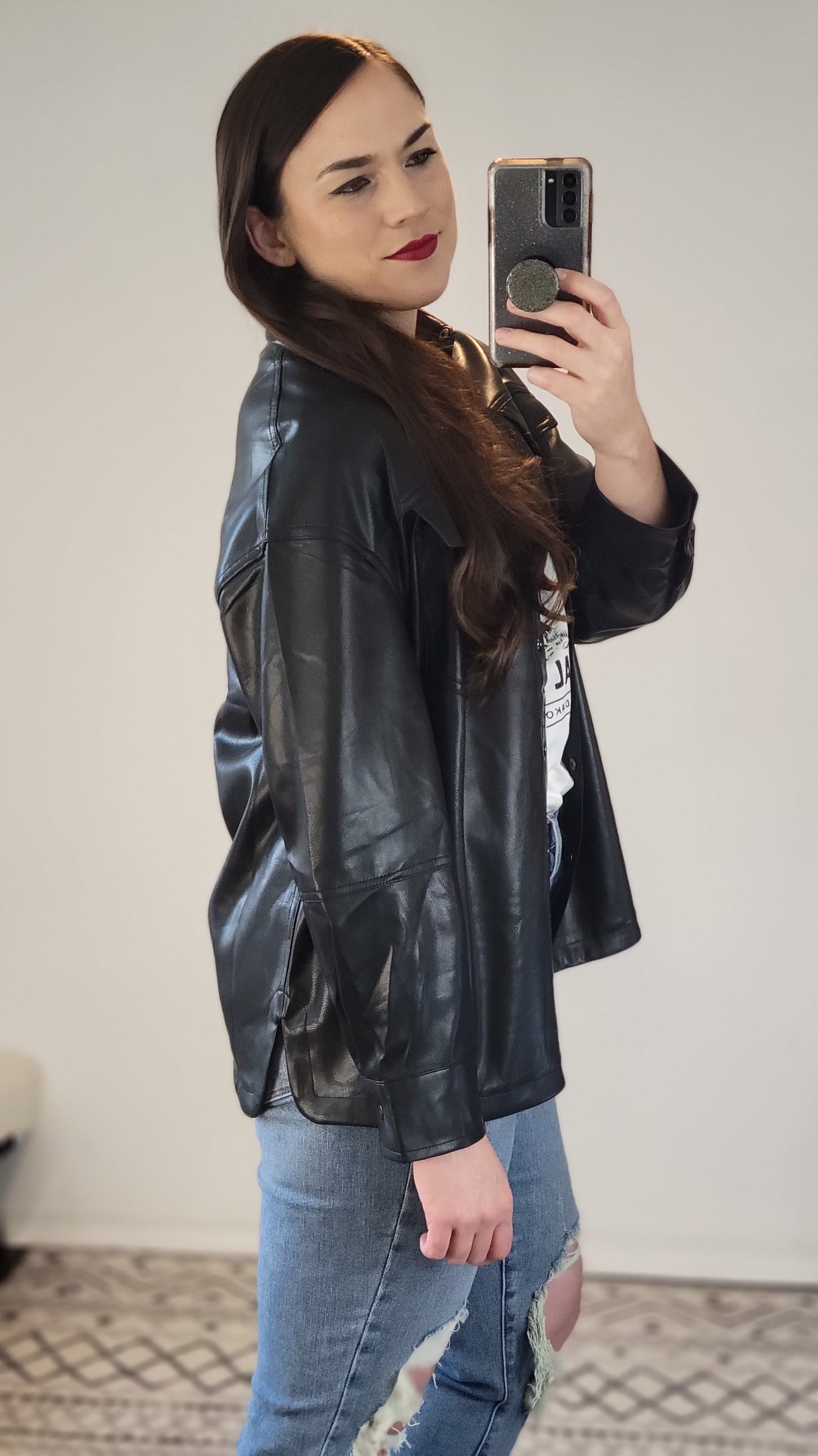 Black Faux Leather Button Up Shacket "Scarlett"