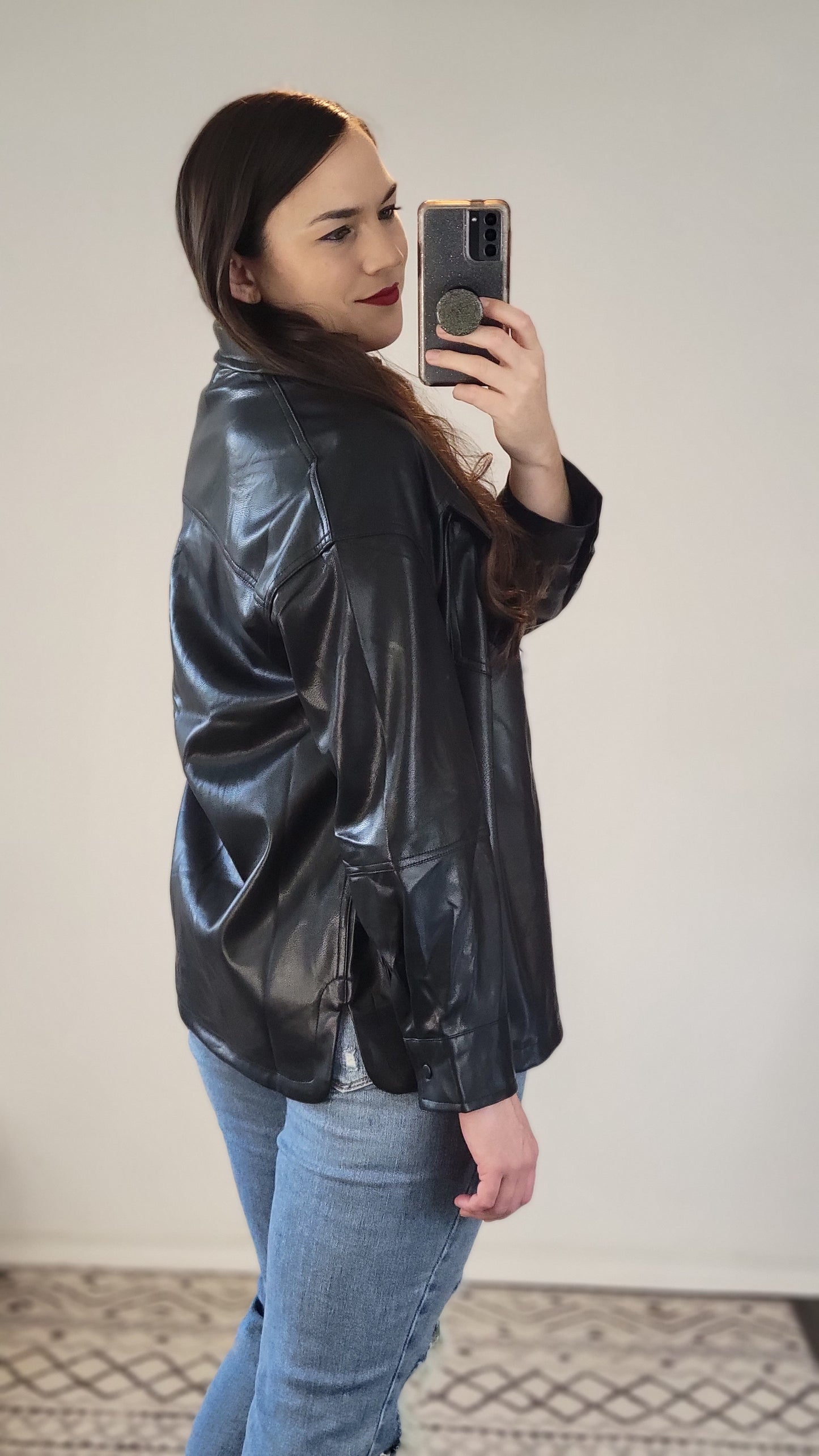 Black Faux Leather Button Up Shacket "Scarlett"