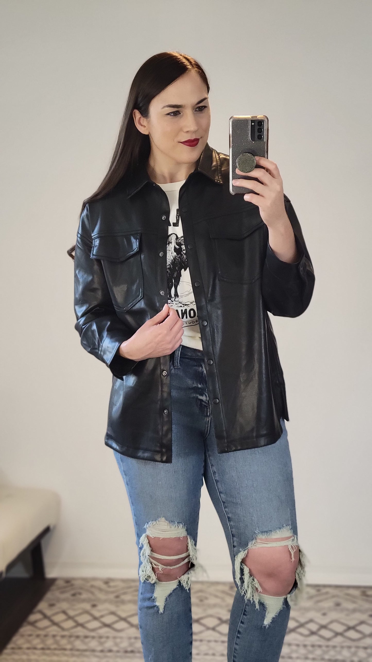 Black Faux Leather Button Up Shacket "Scarlett"