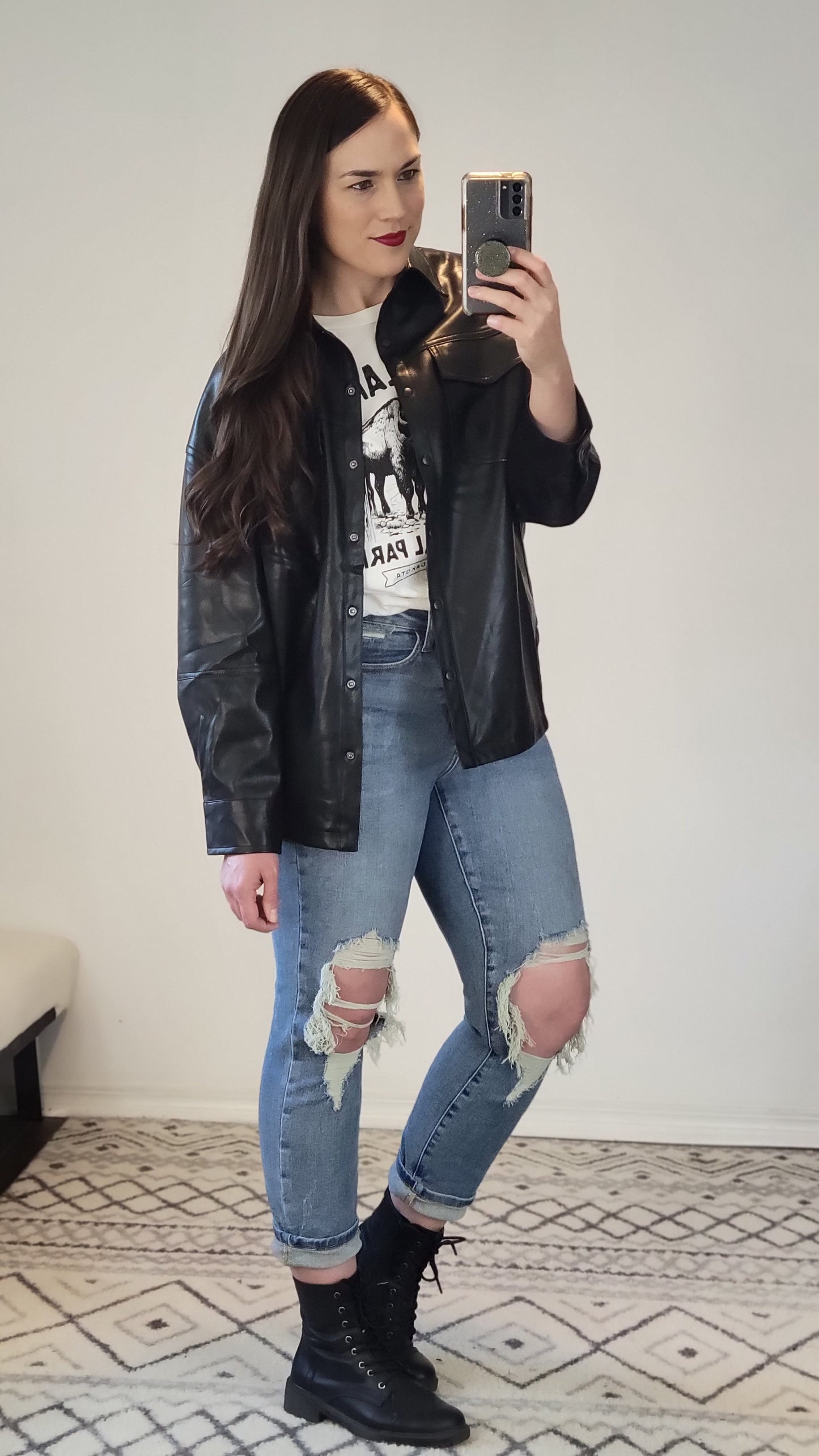 Black Faux Leather Button Up Shacket "Scarlett"