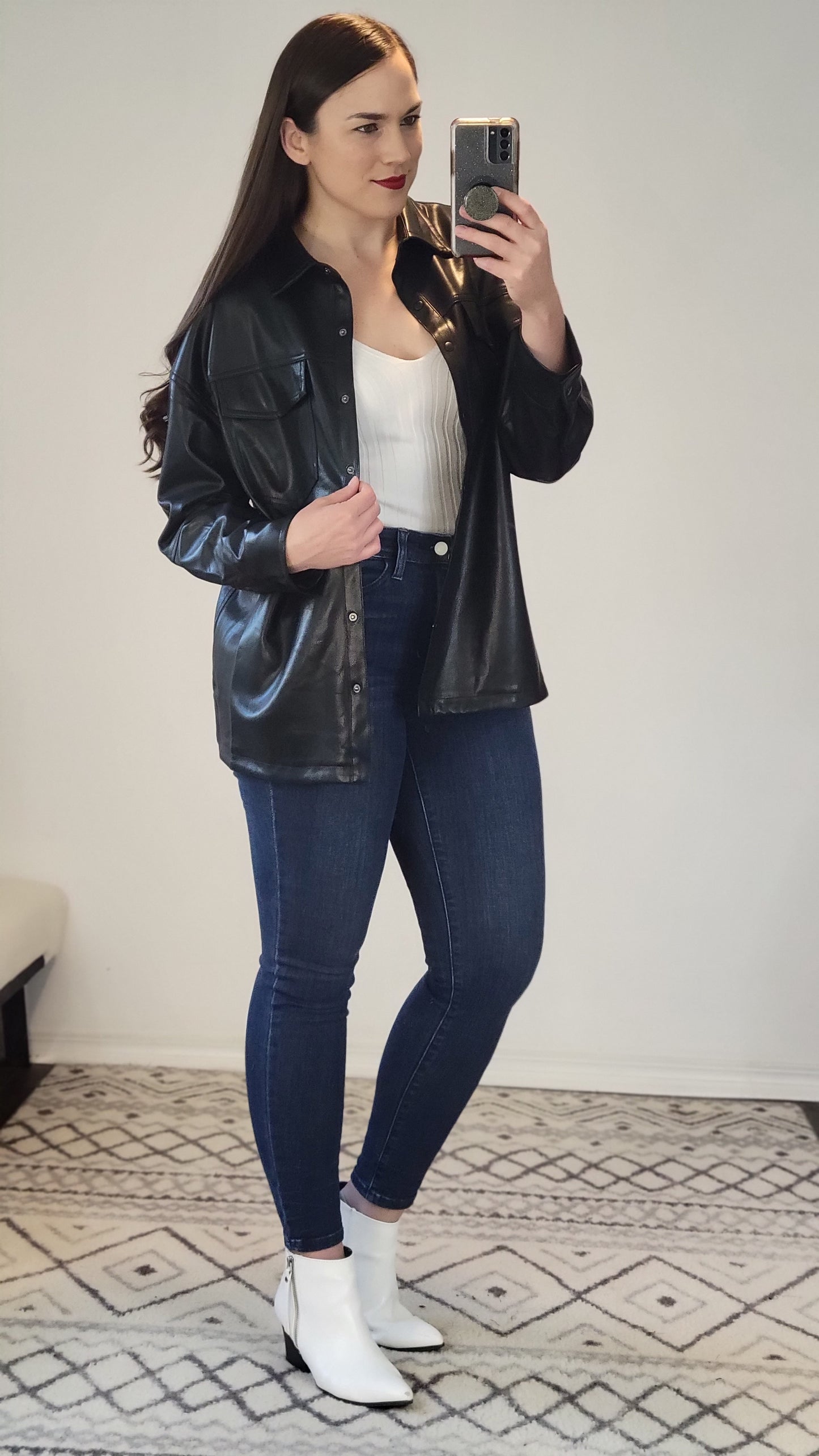 Black Faux Leather Button Up Shacket "Scarlett"