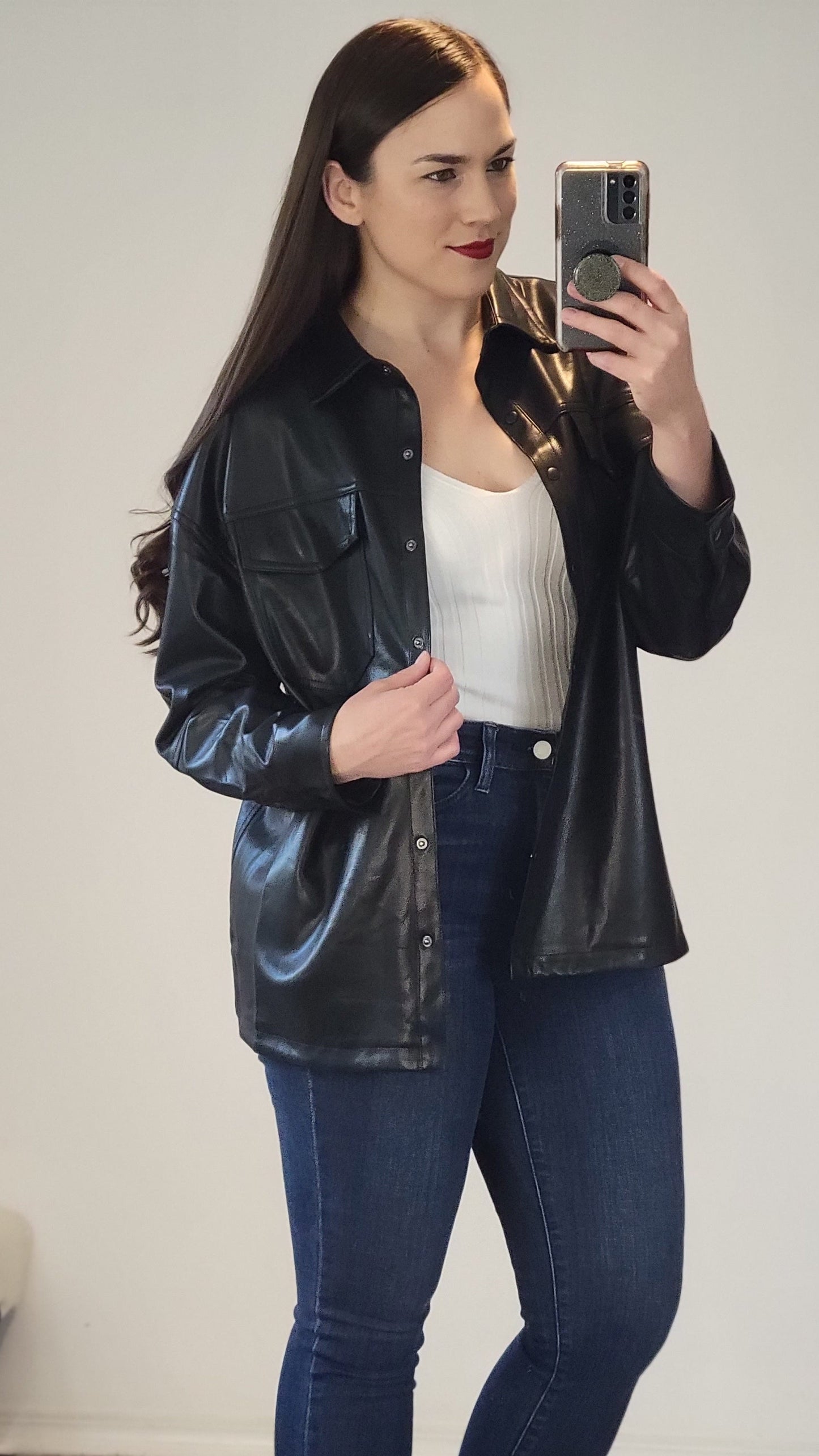 Black Faux Leather Button Up Shacket "Scarlett"