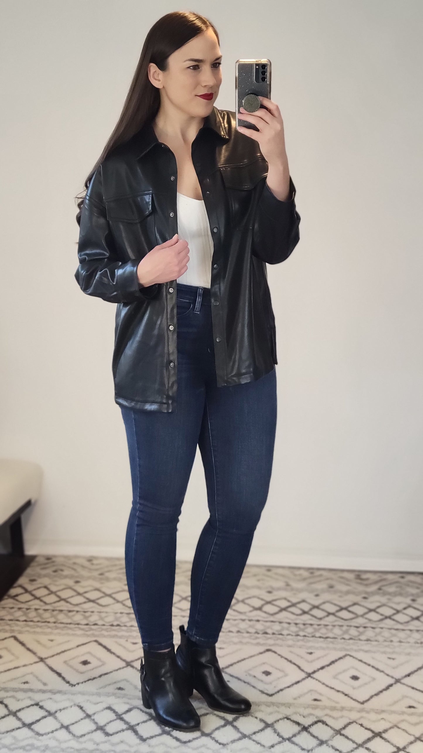 Black Faux Leather Button Up Shacket "Scarlett"