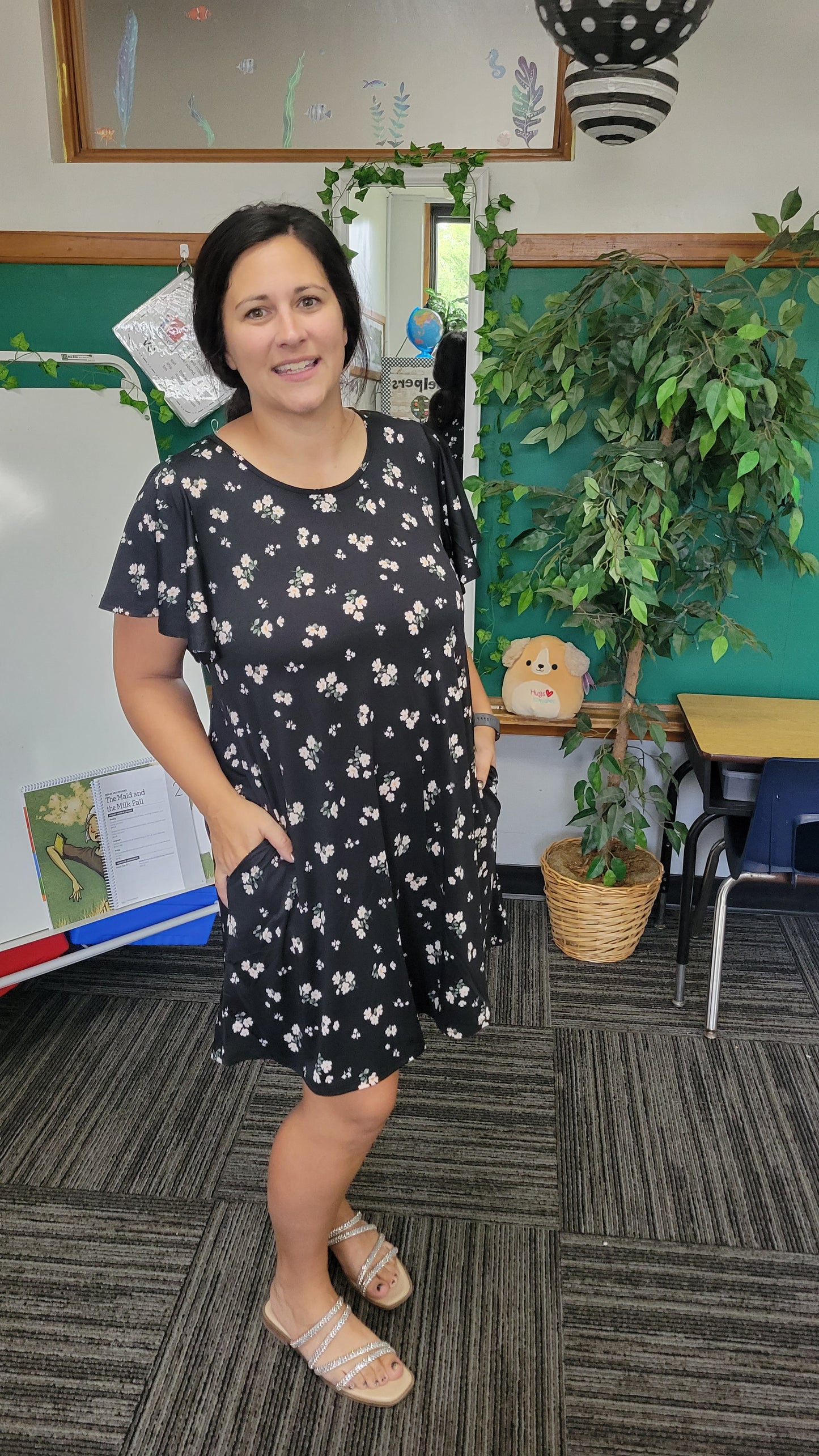 Black Floral Mini Dress with Pockets "Ellen"