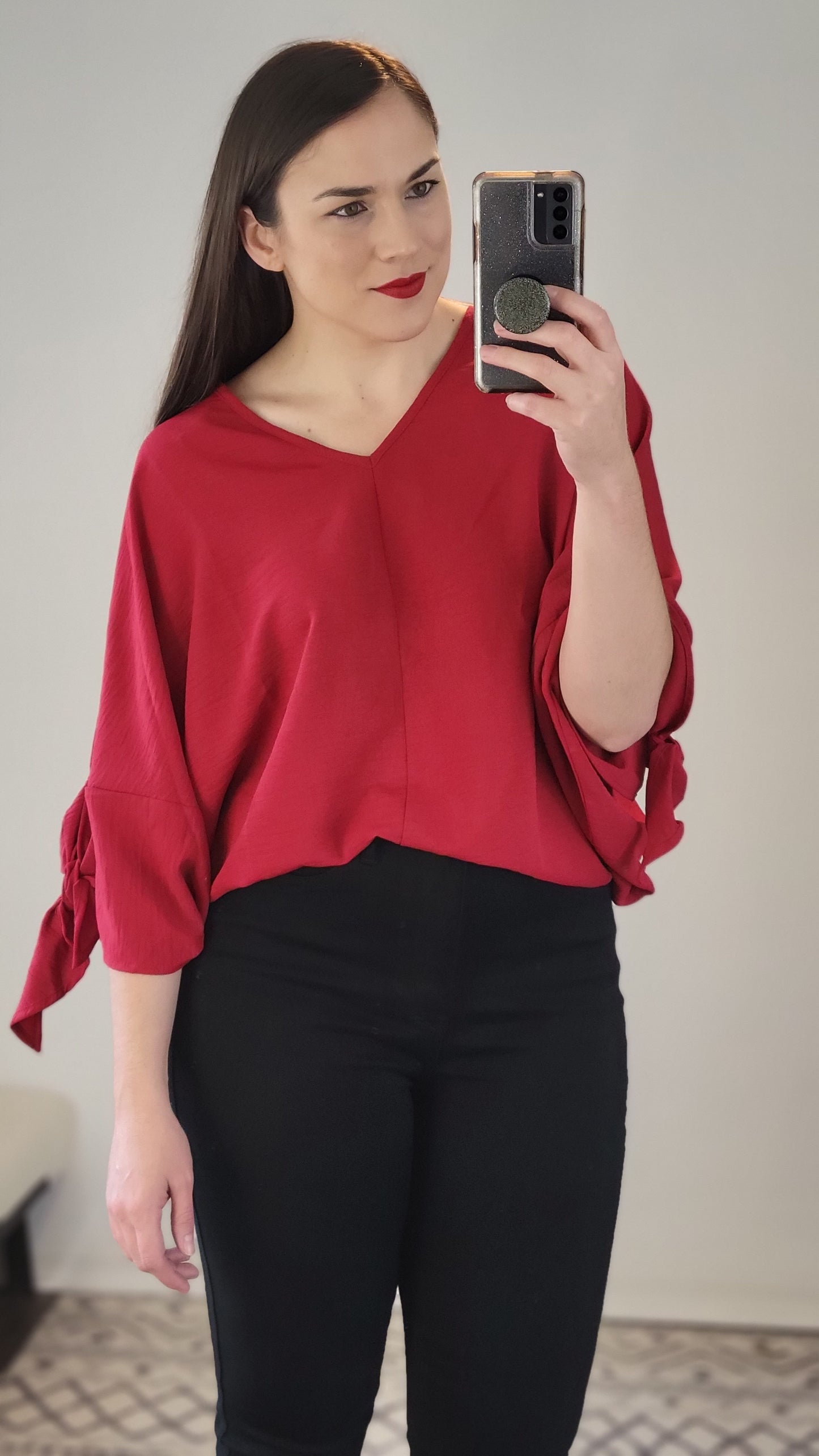 Ruby Red Sleeve Tie Detail Airflow Top "Eleanor"