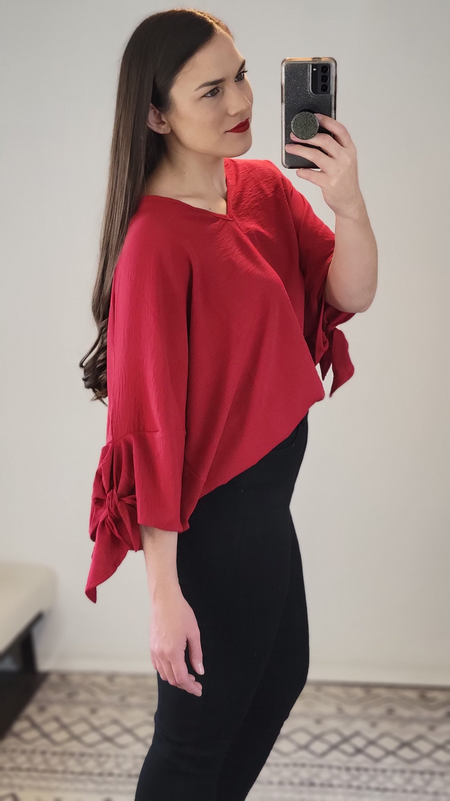 Ruby Red Sleeve Tie Detail Airflow Top "Eleanor"