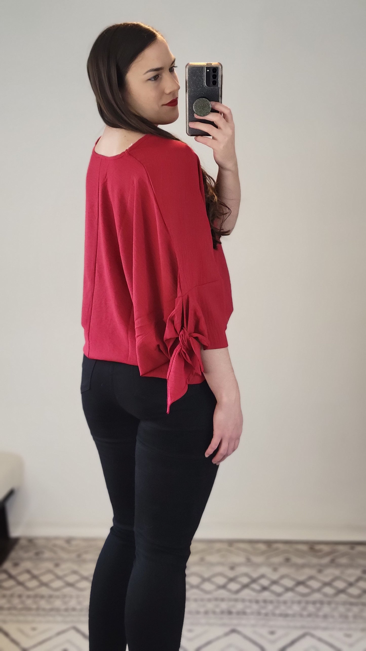 Ruby Red Sleeve Tie Detail Airflow Top "Eleanor"