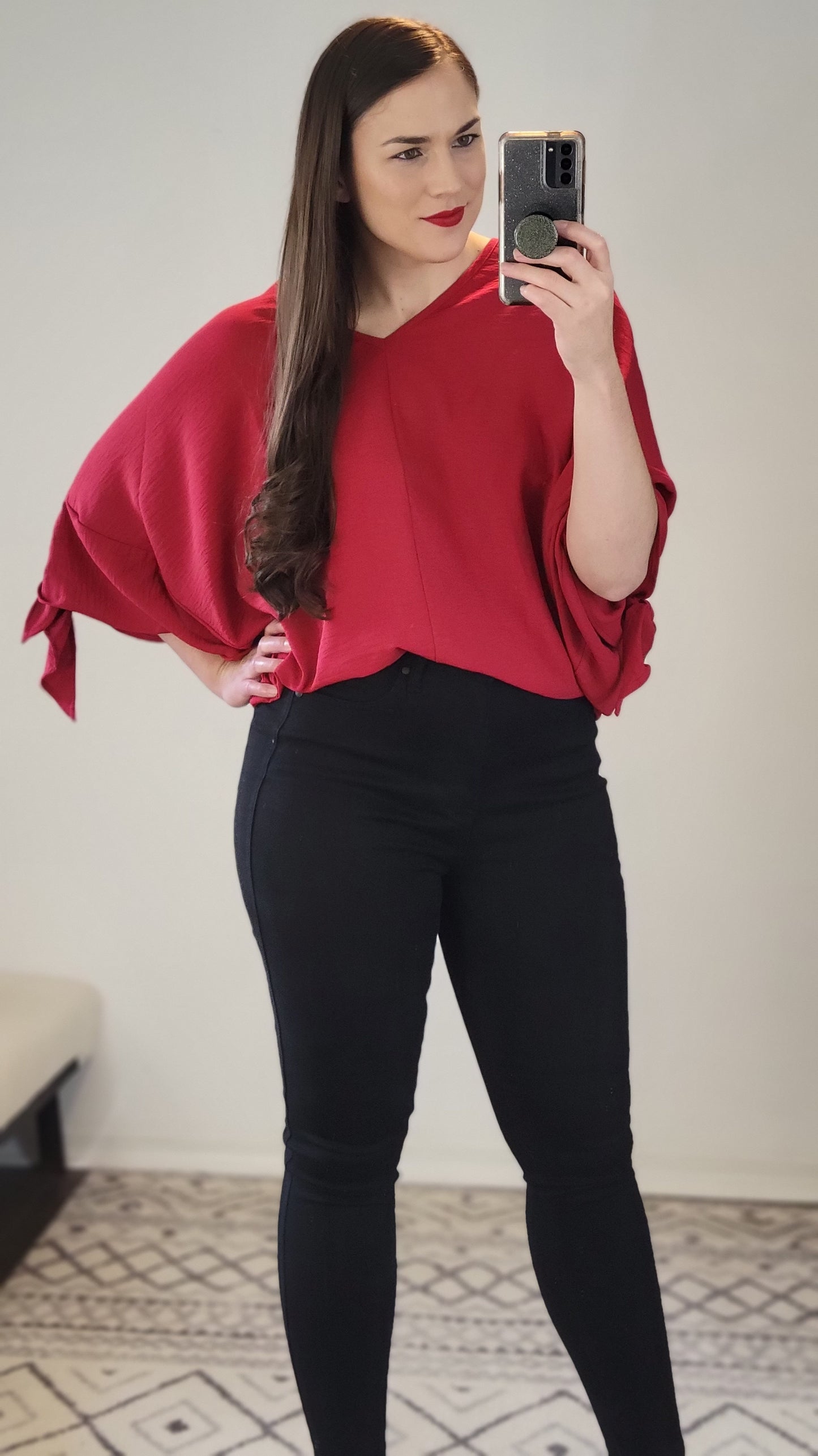 Ruby Red Sleeve Tie Detail Airflow Top "Eleanor"